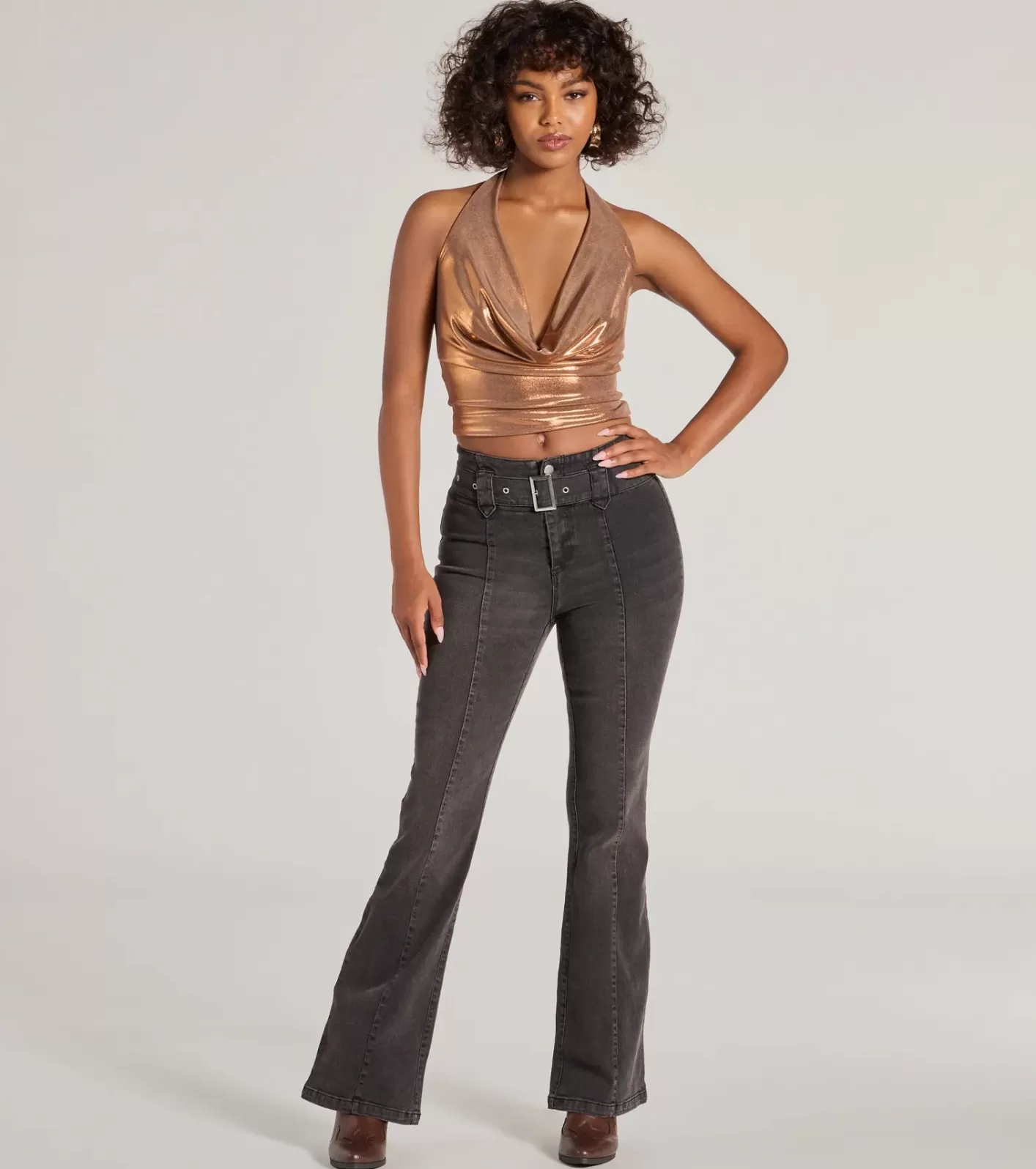 Windsor Cool-Girl Era Belted Flare-Leg Jeans BLACKDENIM Best Sale