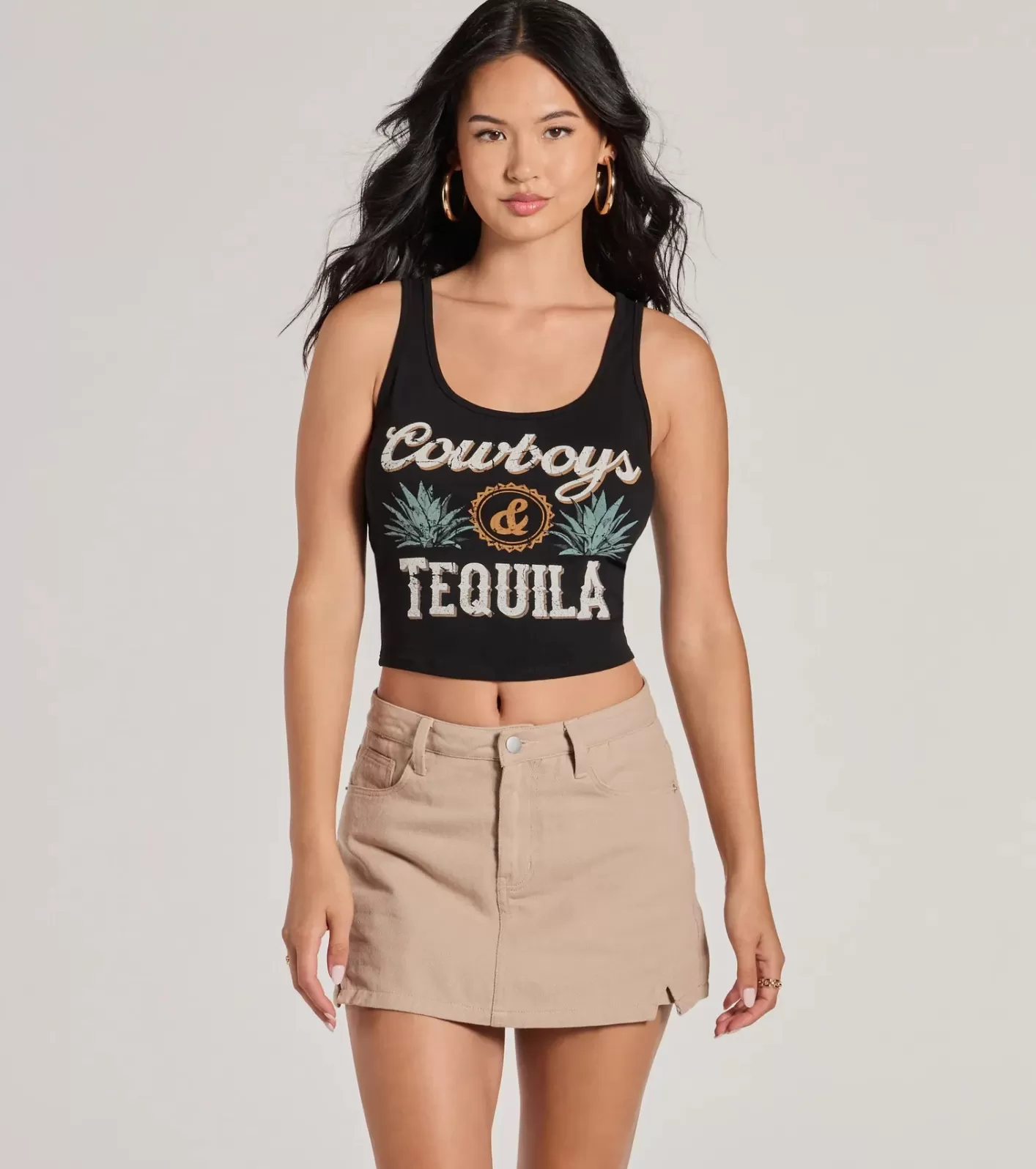 Windsor Cowboys And Tequila Sleeveless Graphic Crop Top BLACK Fashion