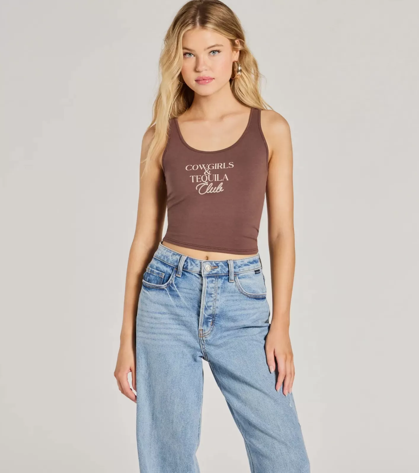 Windsor Cowgirls And Tequila Crop Graphic Tank Top BROWN Sale