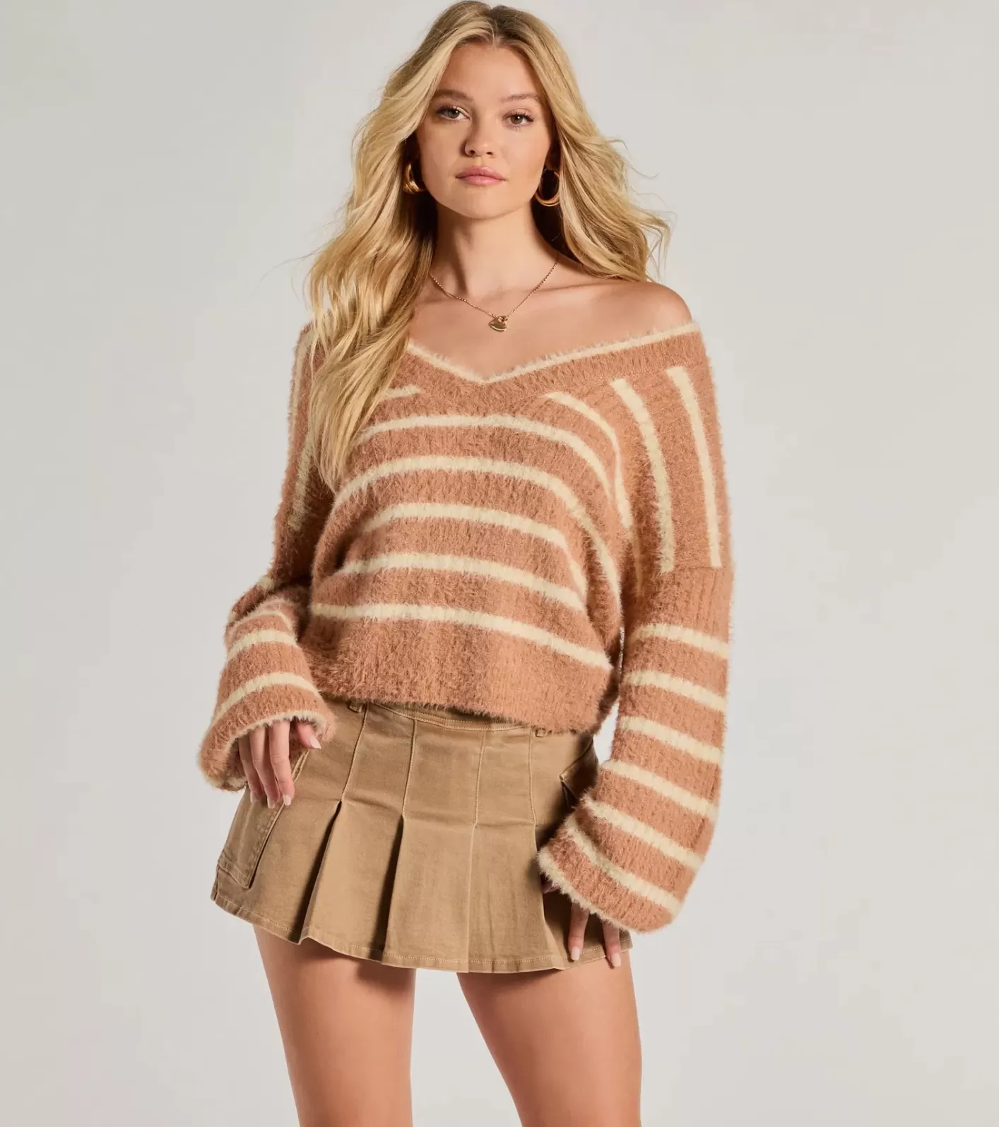Windsor Cozy Charm Striped Eyelash Knit Sweater TAN Online
