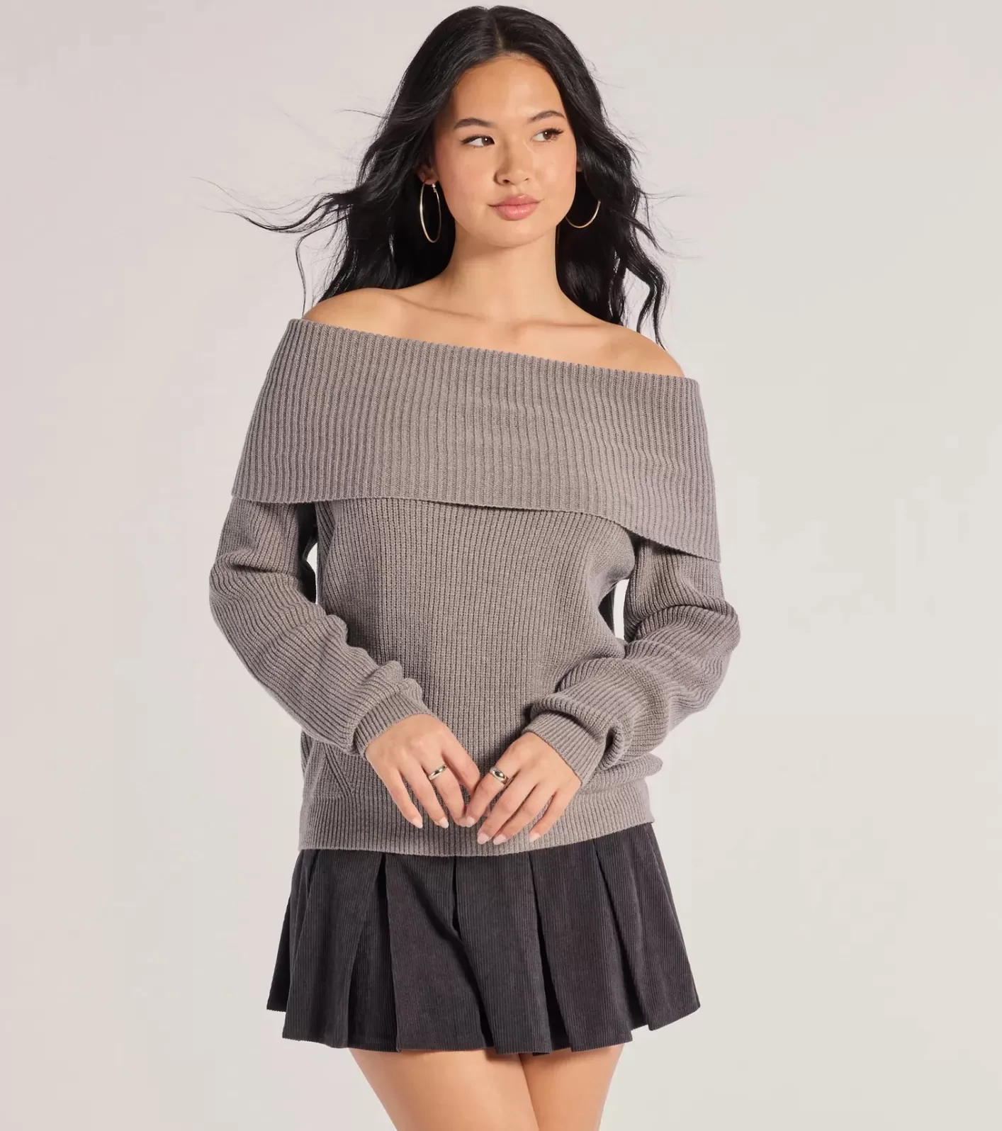 Windsor Cozy Factor Ribbed Knit Off-The-Shoulder Sweater CHARCOAL Hot