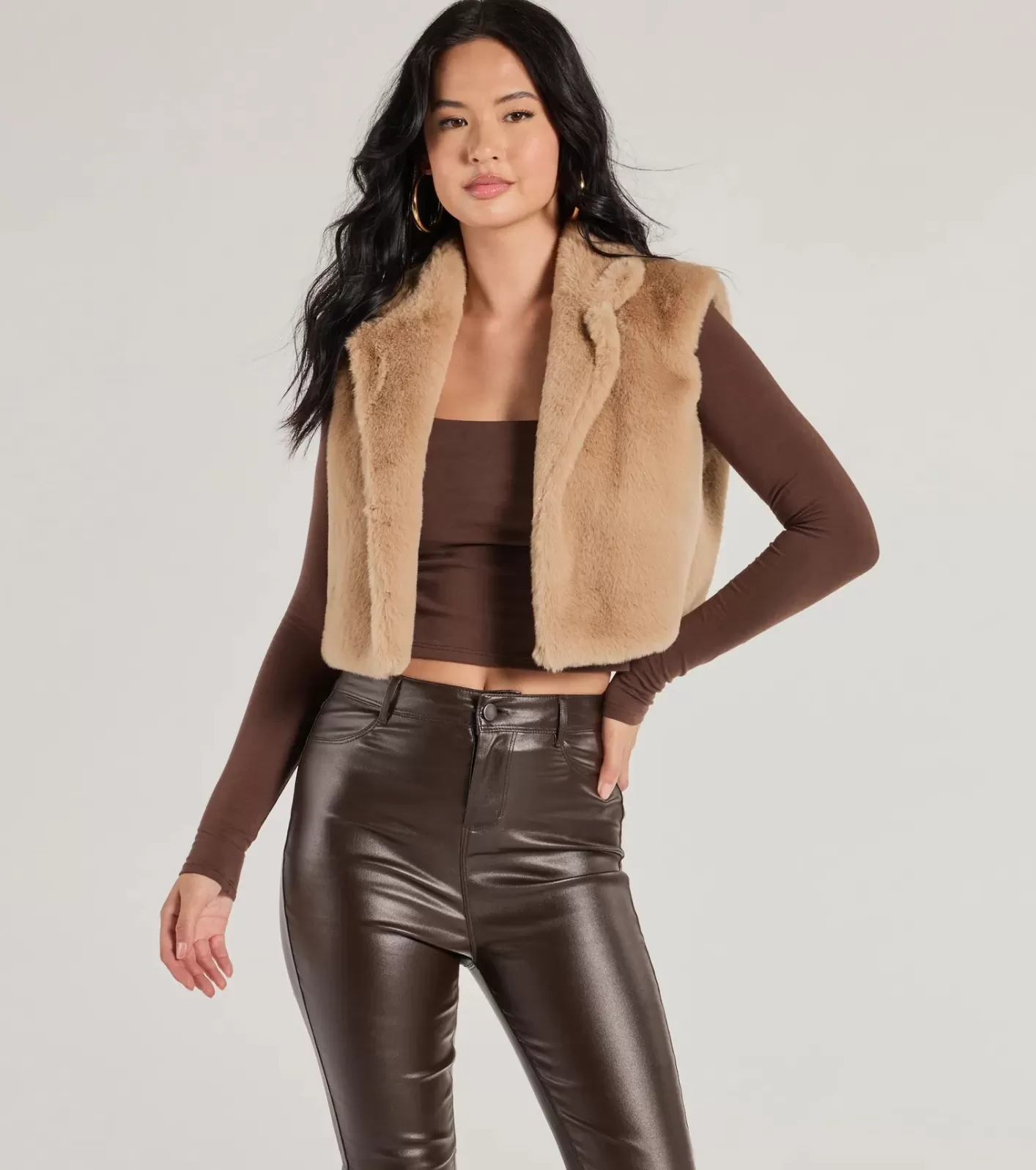 Windsor Cozy Glamour Faux Fur Cropped Vest TAN Best
