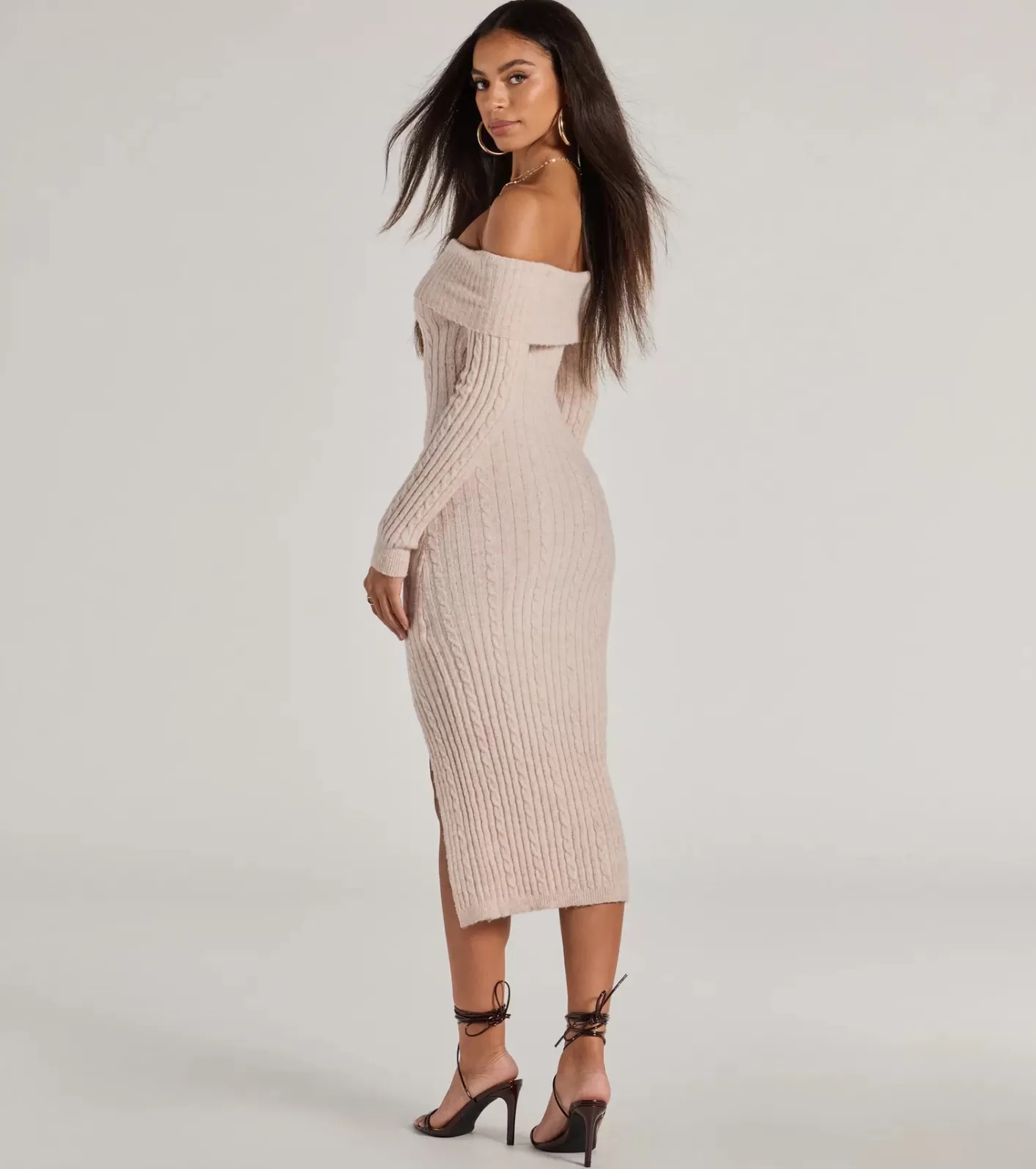 Windsor Cozy Luxe Cable Knit Off-The-Shoulder Midi Dress OATMEAL Cheap