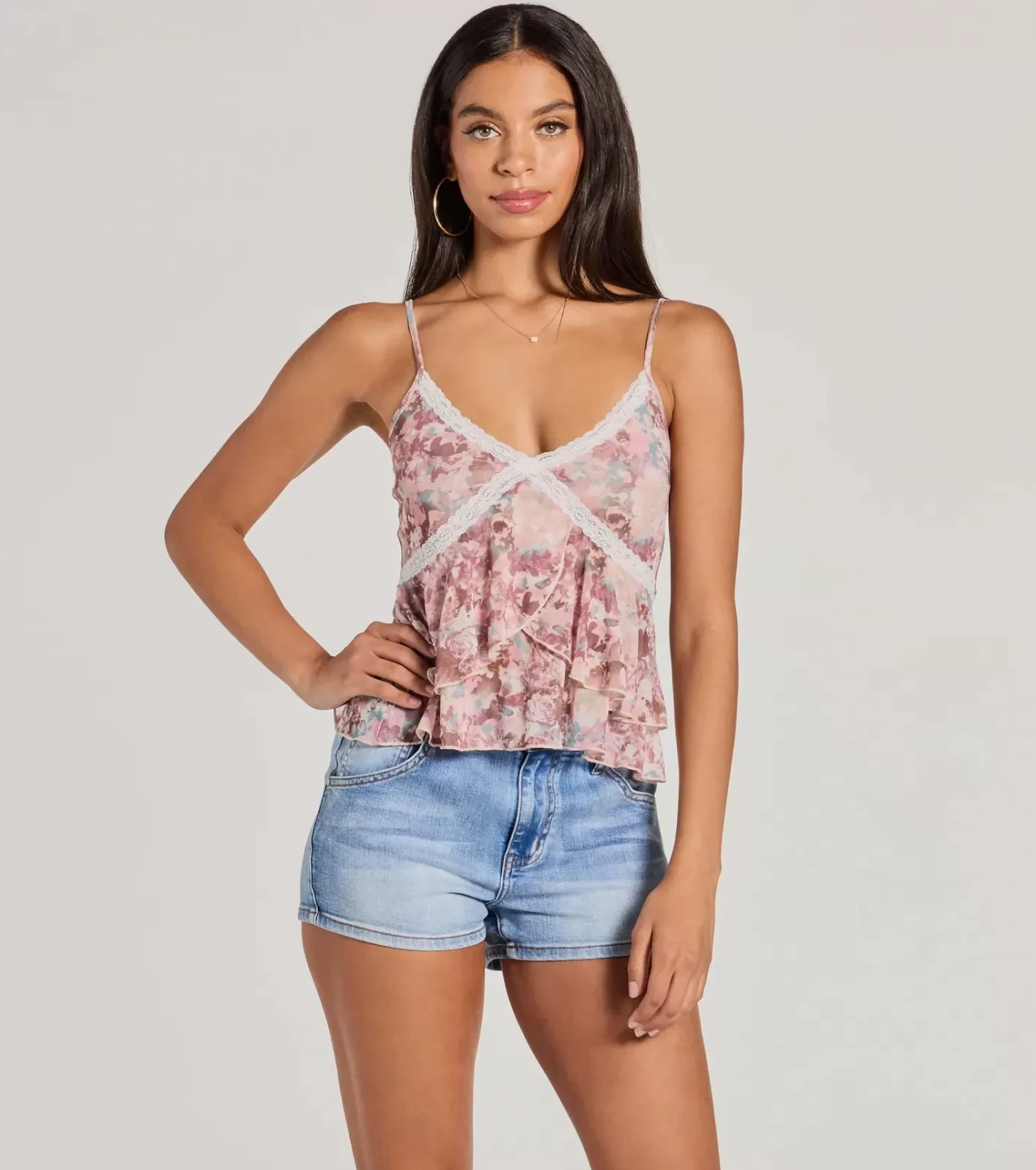 Windsor Crushin' On You Lace Trim Babydoll Floral Crop Top MULTI Best Sale