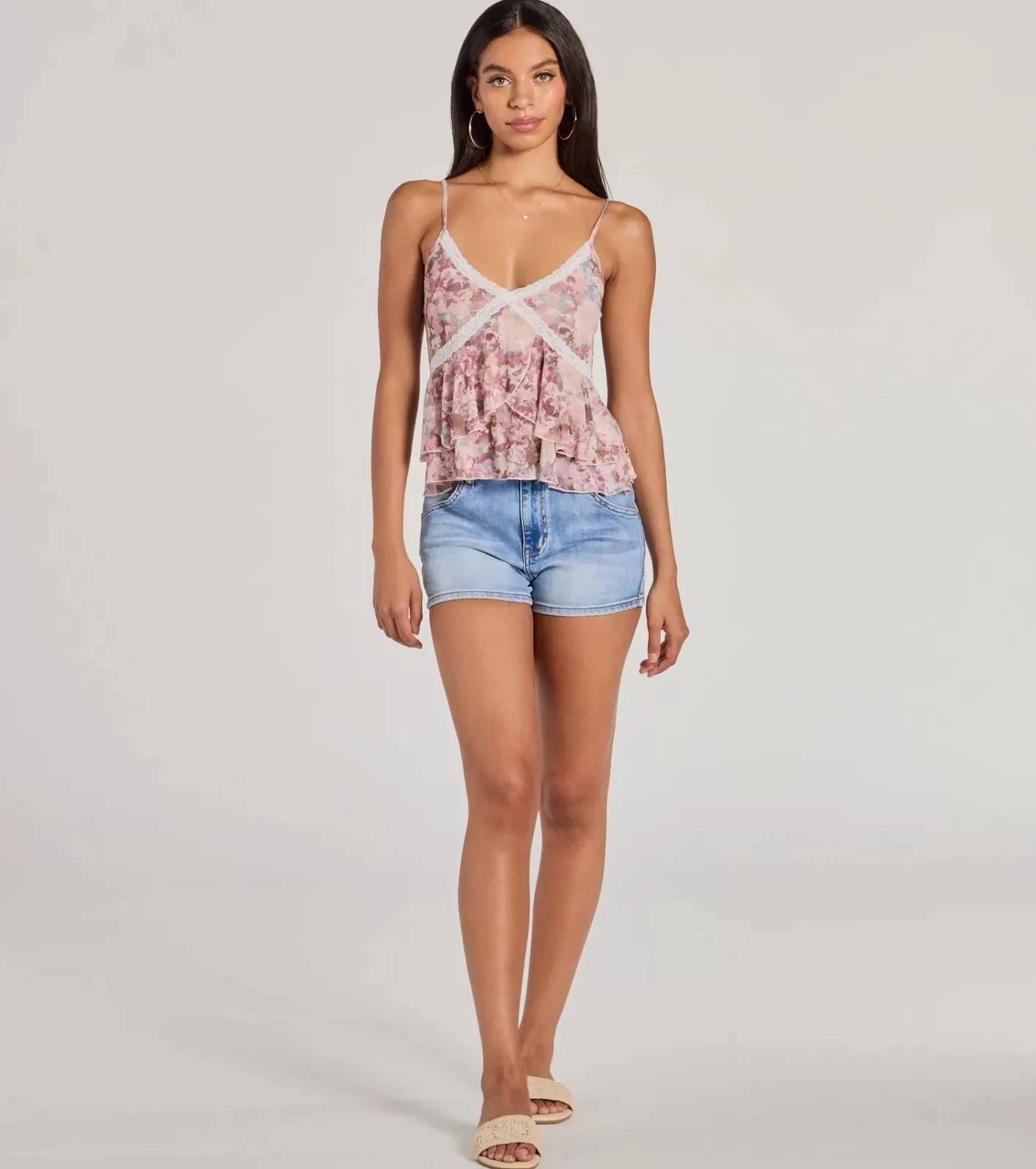 Windsor Crushin' On You Lace Trim Babydoll Floral Crop Top MULTI Best Sale