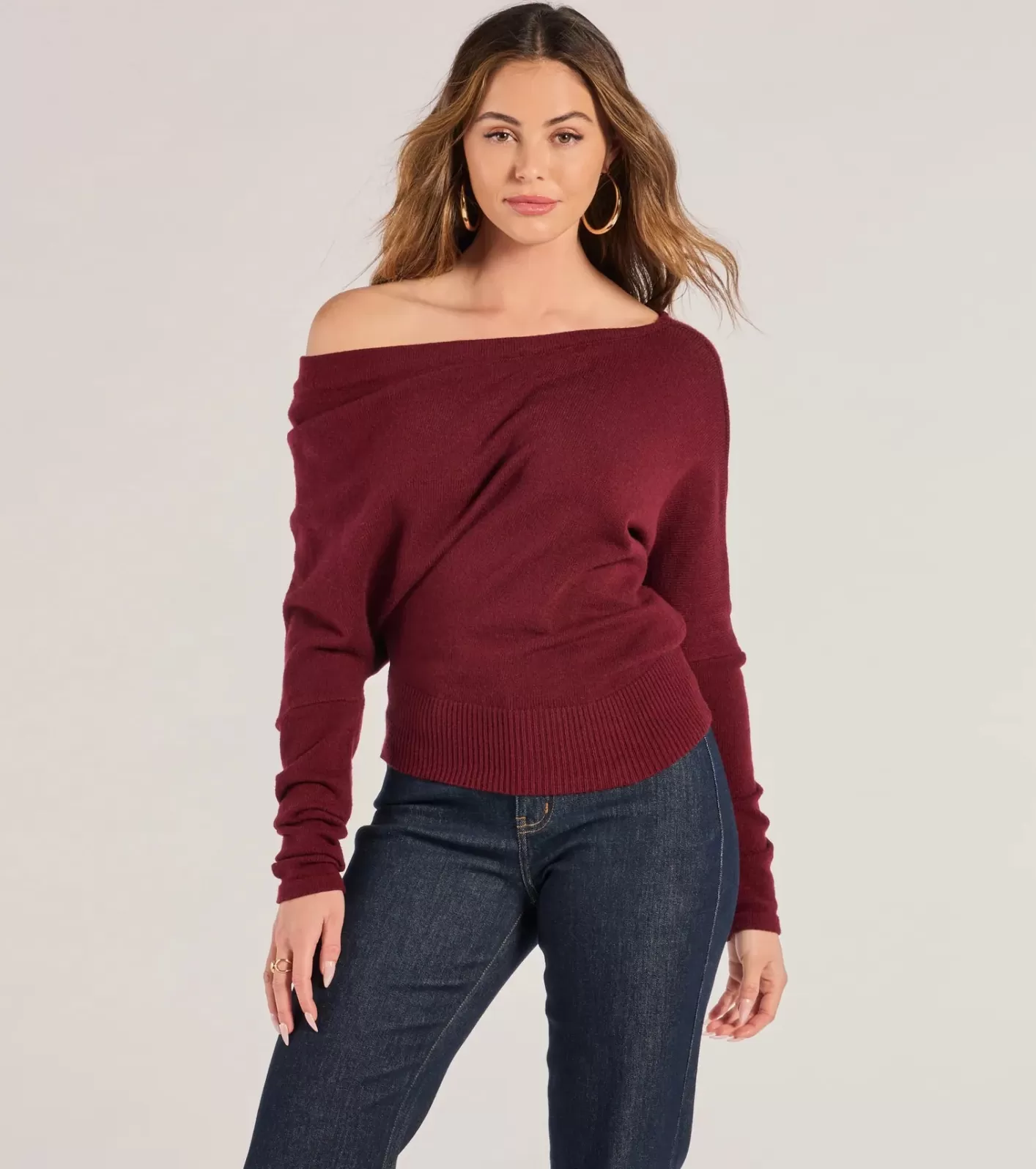 Windsor Cute And Cozy Off-Shoulder Knit Sweater BURGUNDY Cheap