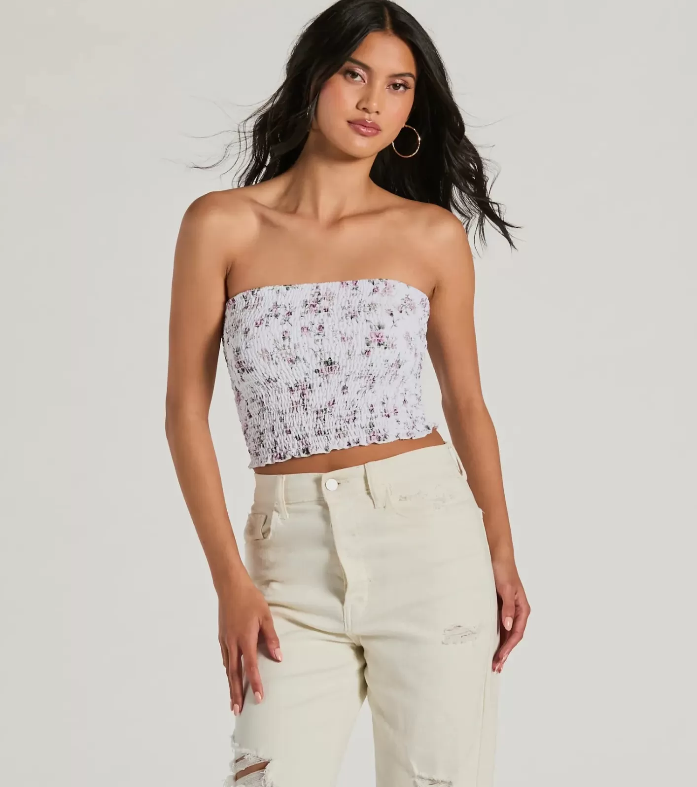 Windsor Cutest Bloom Strapless Floral Smocked Tube Top IVORY Best