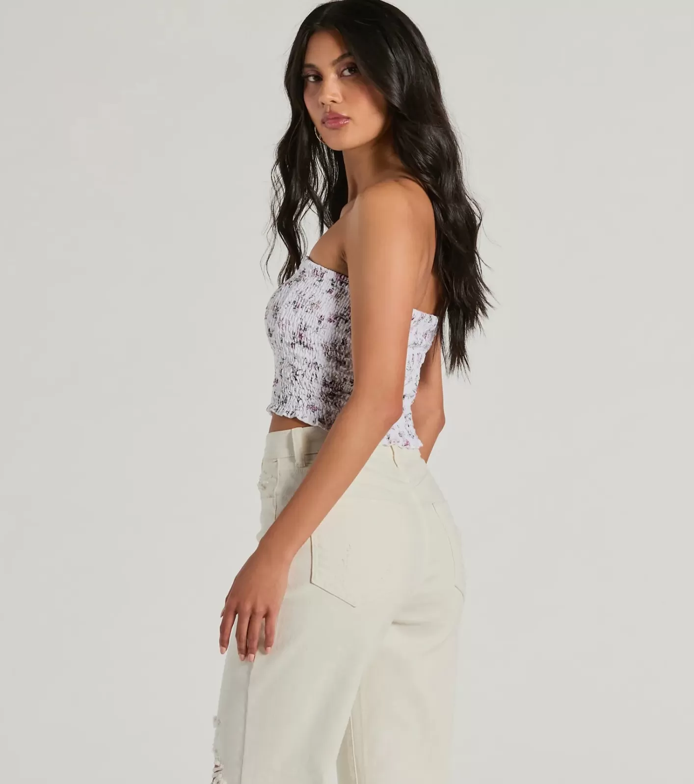 Windsor Cutest Bloom Strapless Floral Smocked Tube Top IVORY Best