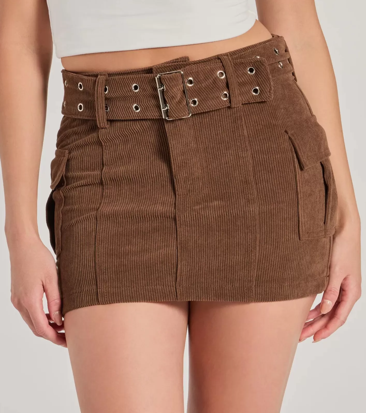 Windsor Cutest Season High-Rise Cargo Corduroy Mini Skirt BROWN New