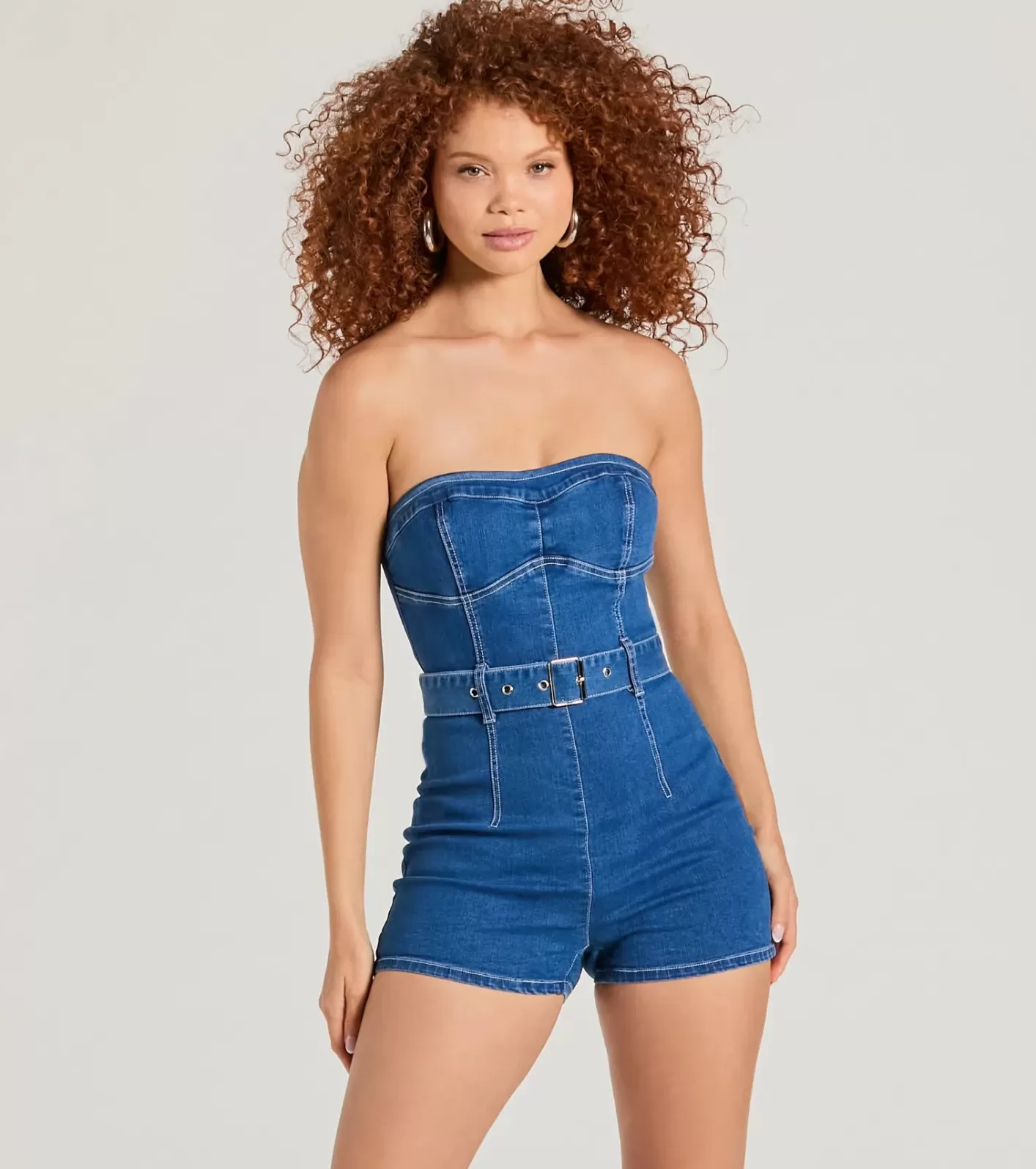 Windsor Cutie Alert Strapless Belted Denim Romper MEDIUMDENIM Clearance