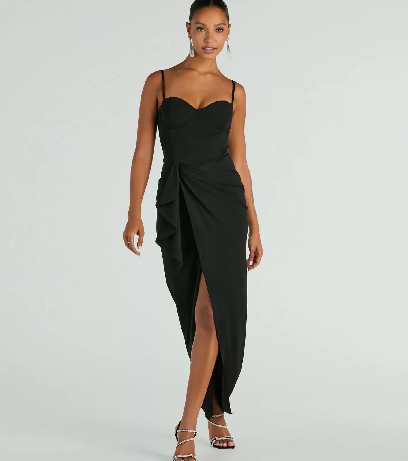 Windsor Darcie Sweetheart Ruffle Slim Crepe Formal Dress BLACK Discount