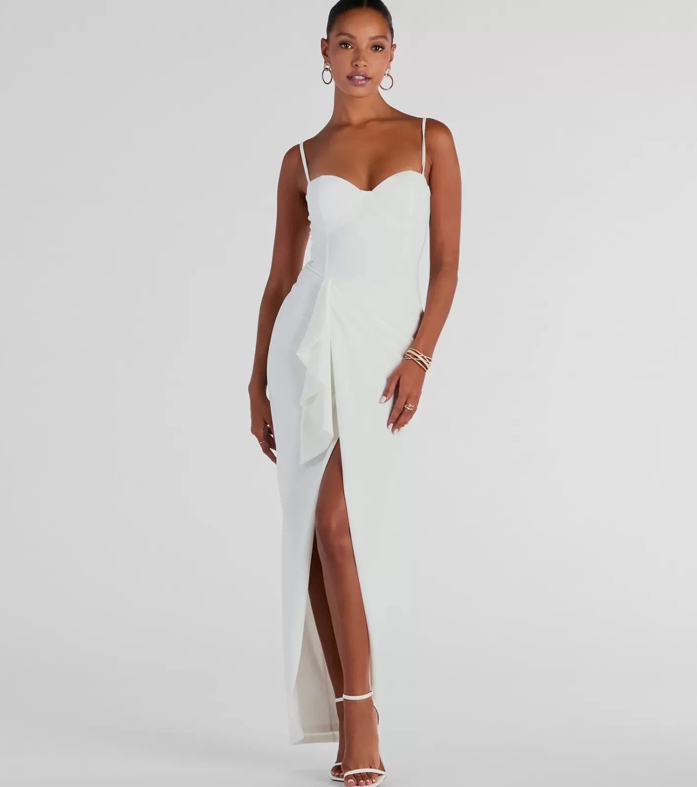 Windsor Darcie Sweetheart Ruffle Slim Crepe Formal Dress WHITE Cheap