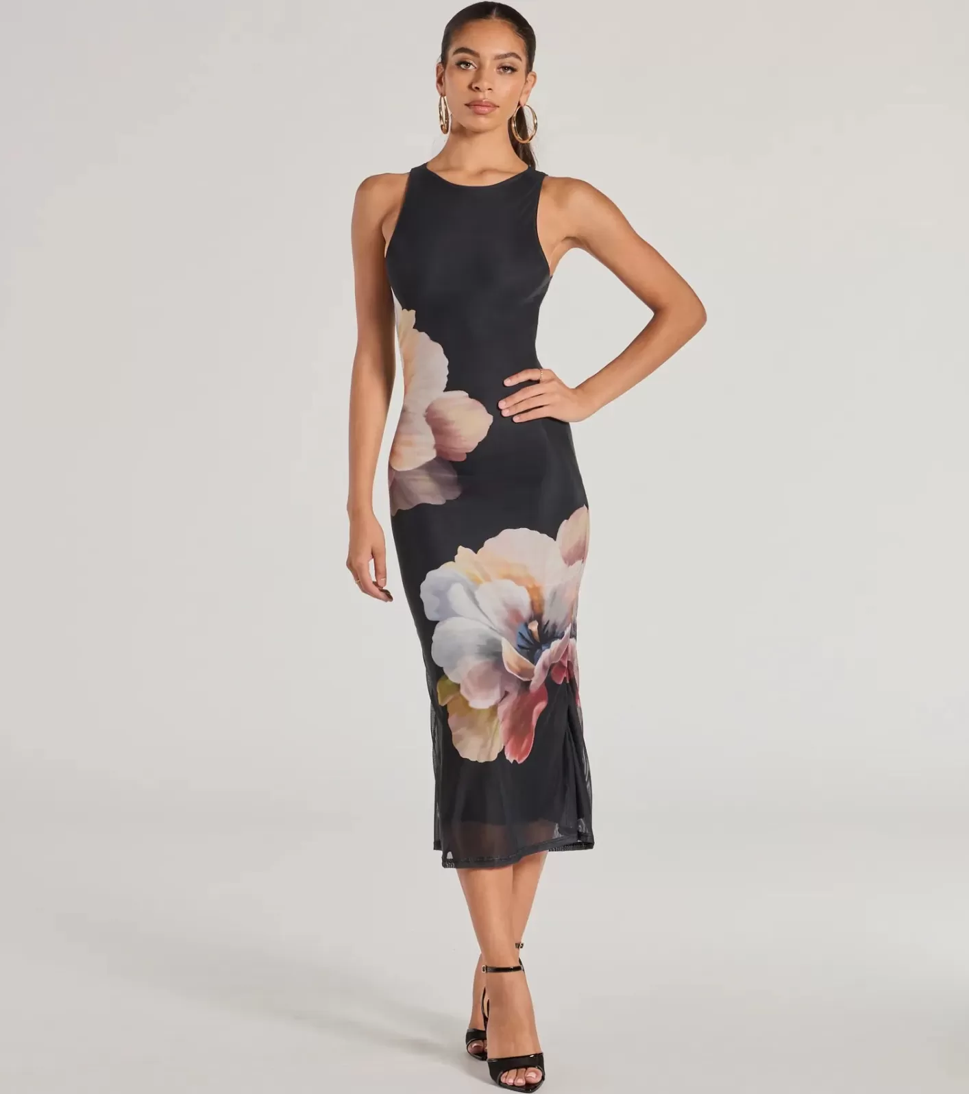 Windsor Date Night Chic Floral Mesh Midi Dress BLACK Sale