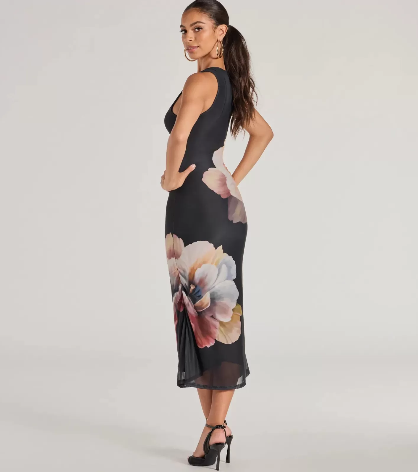 Windsor Date Night Chic Floral Mesh Midi Dress BLACK Sale