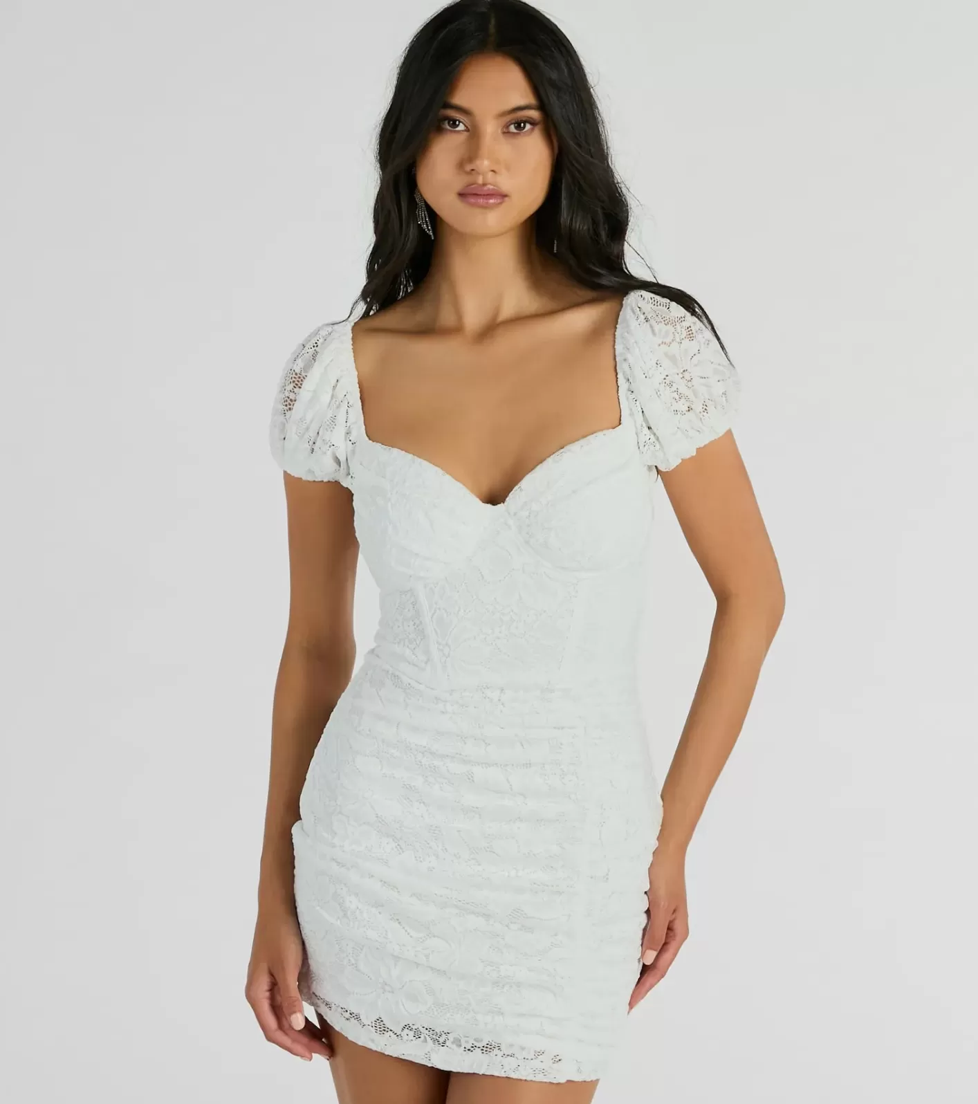 Windsor Delicate Essence Puff Sleeve Corset Lace Mini Dress WHITE Store
