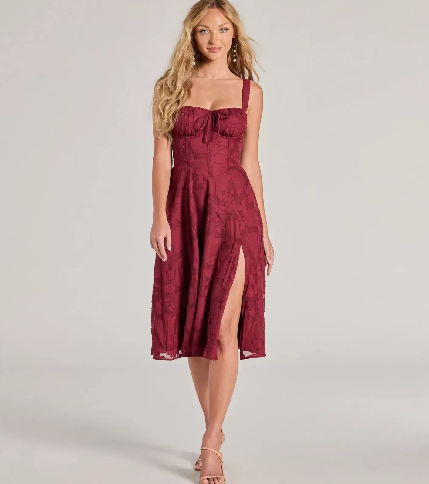 Windsor Delightful Impact Corset Slit Chiffon Midi Dress BURGUNDY Clearance