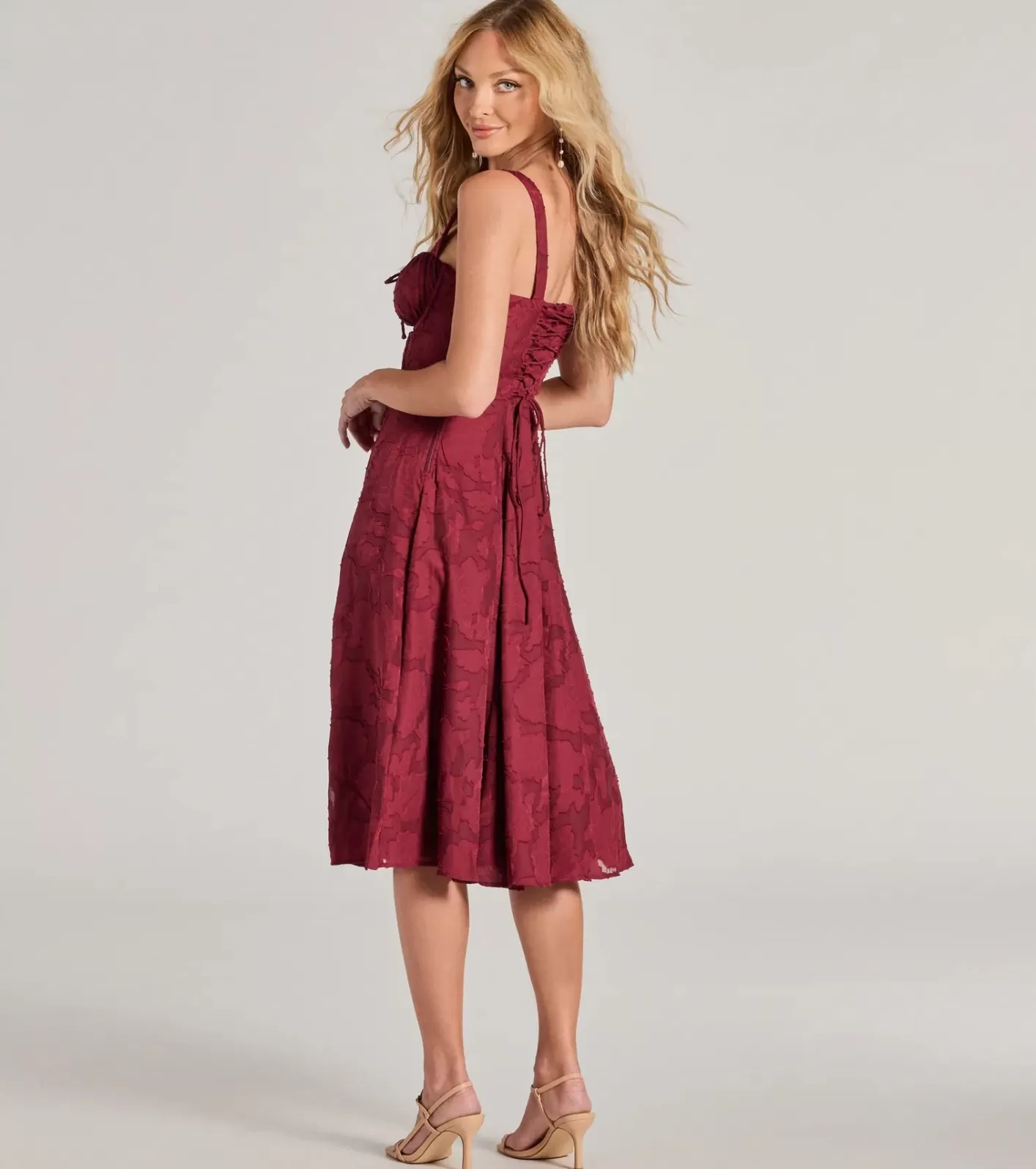 Windsor Delightful Impact Corset Slit Chiffon Midi Dress BURGUNDY Clearance