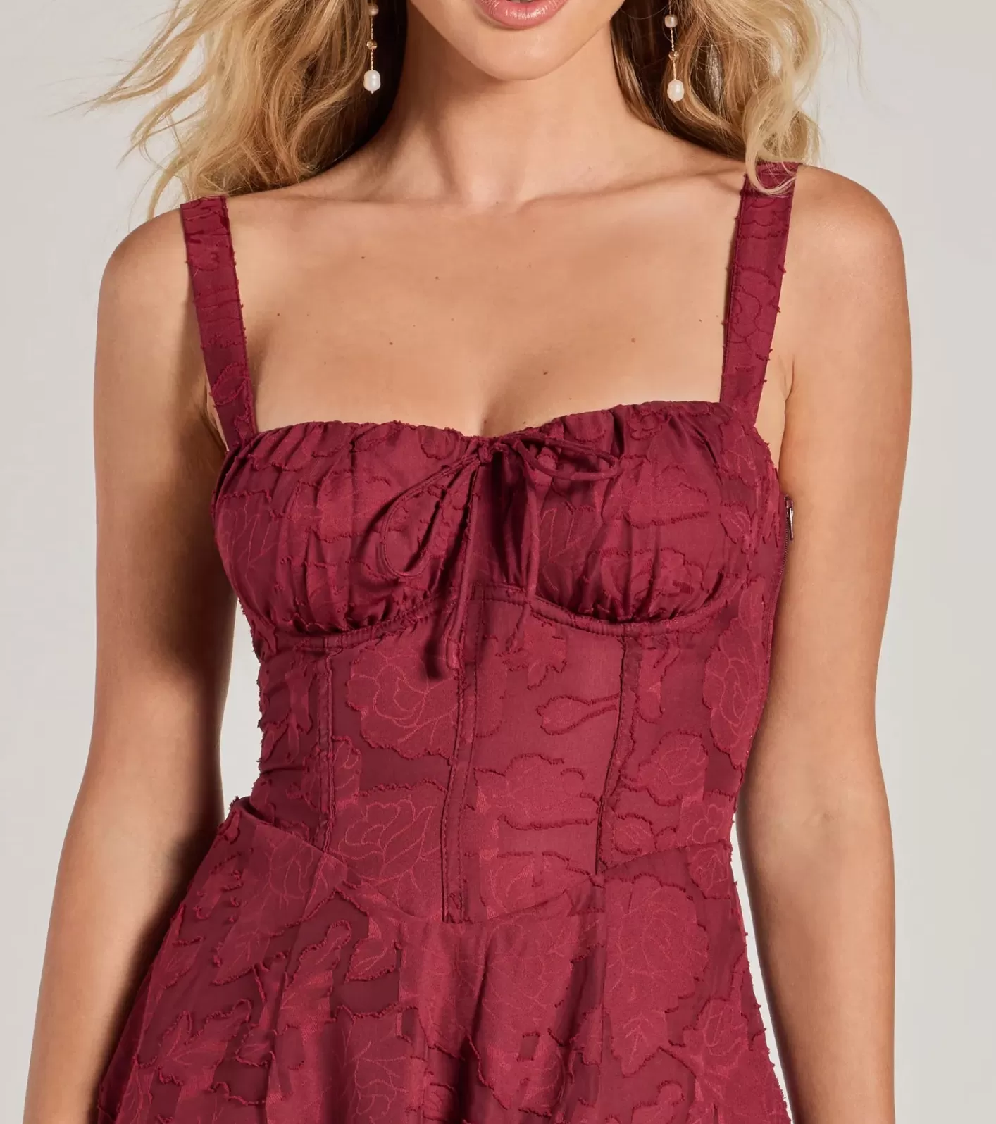 Windsor Delightful Impact Corset Slit Chiffon Midi Dress BURGUNDY Clearance