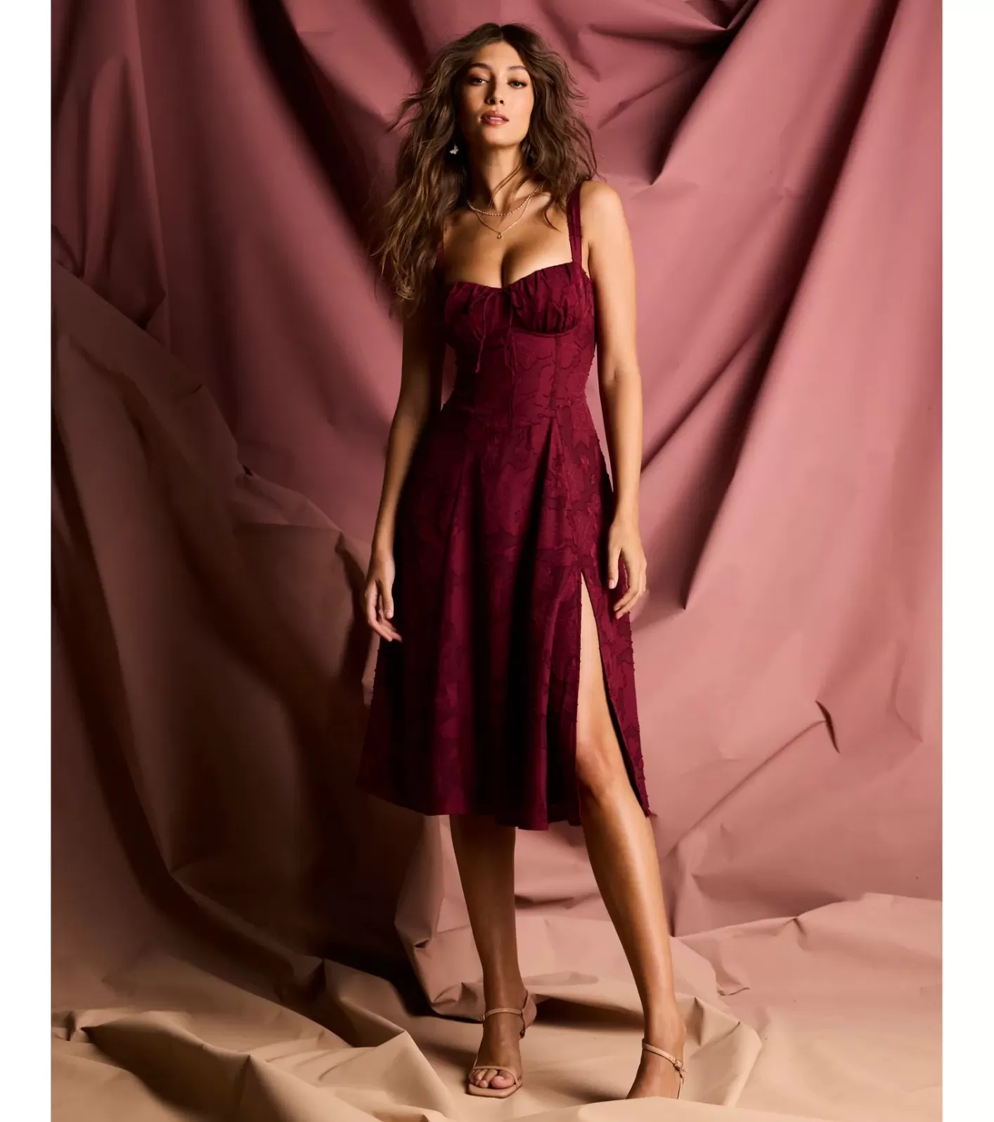 Windsor Delightful Impact Corset Slit Chiffon Midi Dress BURGUNDY Clearance