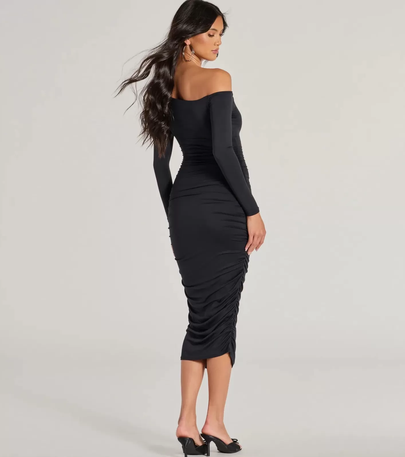 Windsor Dinner Date Off-The-Shoulder Long Sleeve Midi Dress BLACK Online
