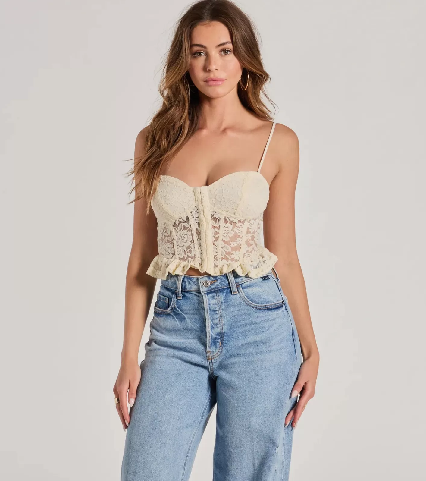 Windsor Dream Romance Sweetheart Floral Lace Peplum Top IVORY Flash Sale