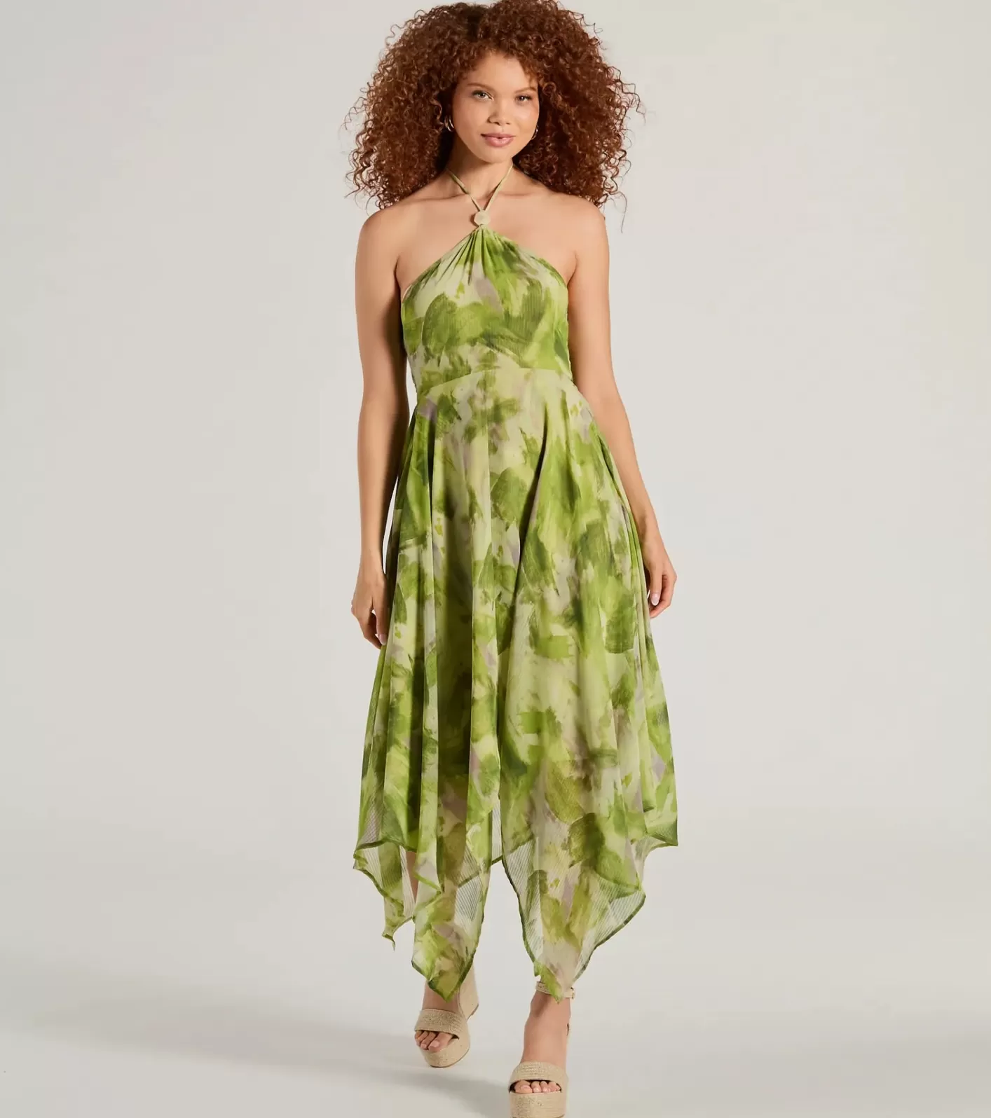 Windsor Dreamy Muse Watercolor Chiffon Flowy Midi Dress GREEN Fashion