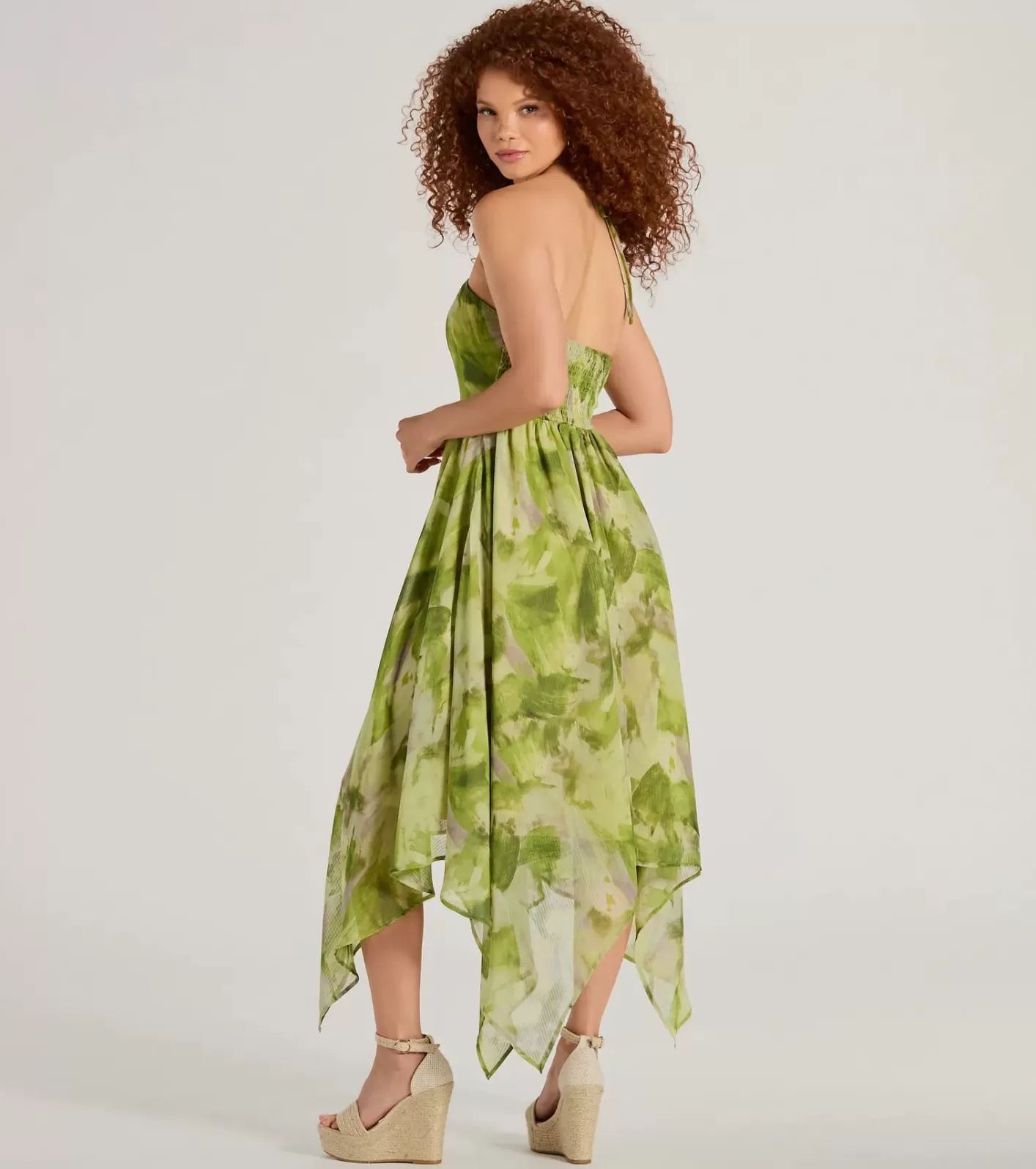 Windsor Dreamy Muse Watercolor Chiffon Flowy Midi Dress GREEN Fashion