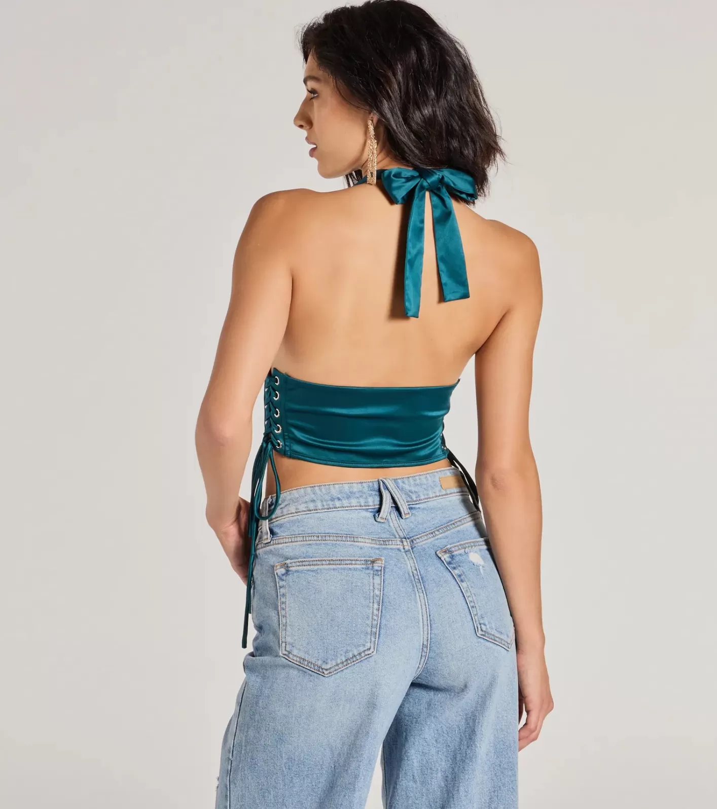 Windsor Edgy Luxe Satin Halter Cropped Corset Top HUNTER Best Sale