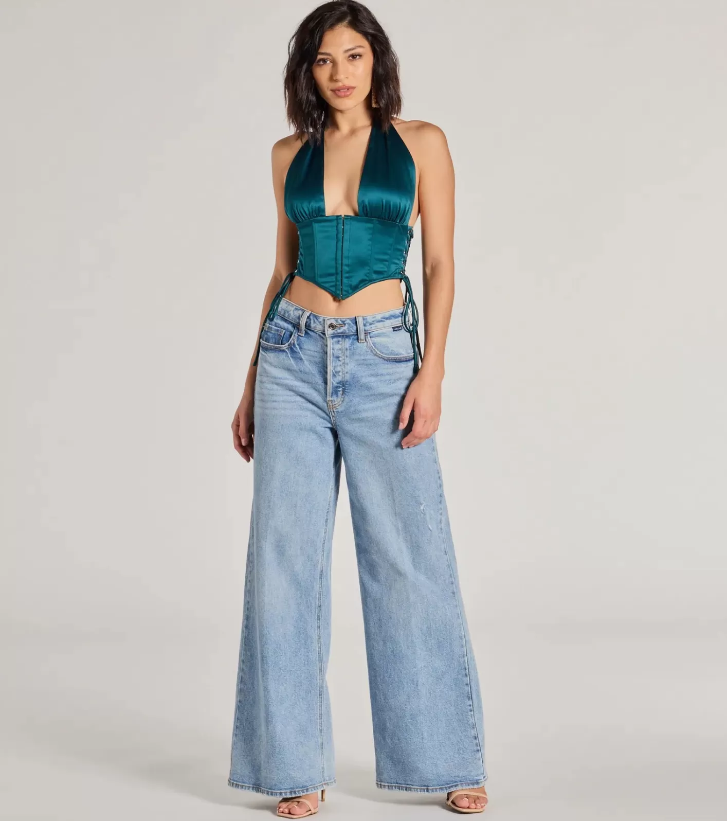 Windsor Edgy Luxe Satin Halter Cropped Corset Top HUNTER Best Sale