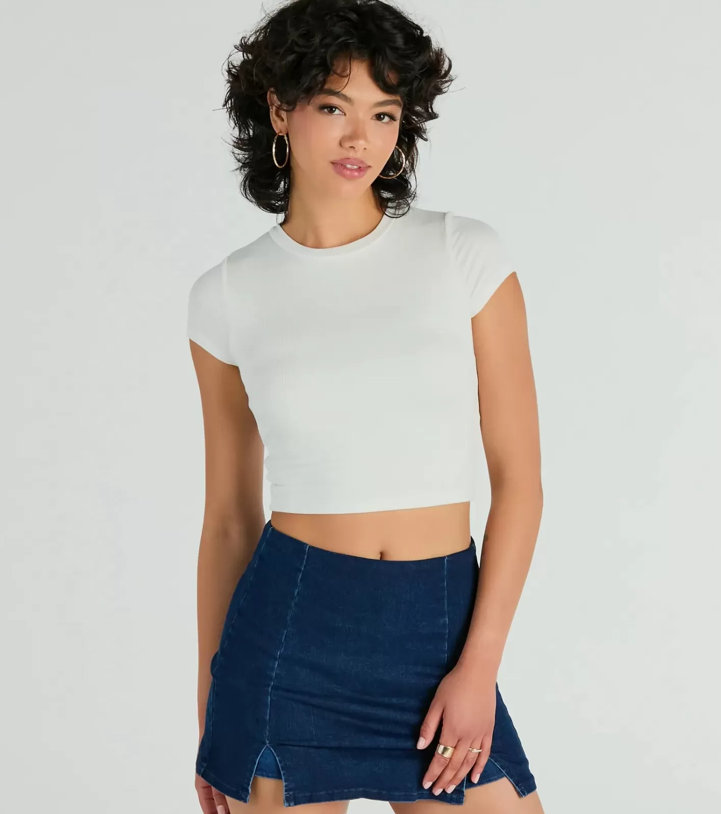 Windsor Effortless Style Short Sleeve Ribbed Knit Crop Top WHITE Hot