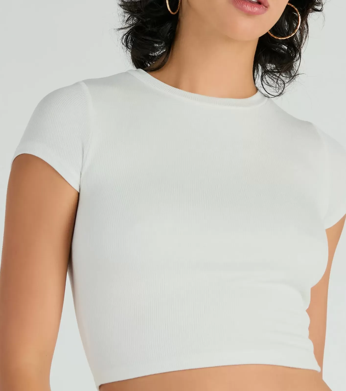 Windsor Effortless Style Short Sleeve Ribbed Knit Crop Top WHITE Hot