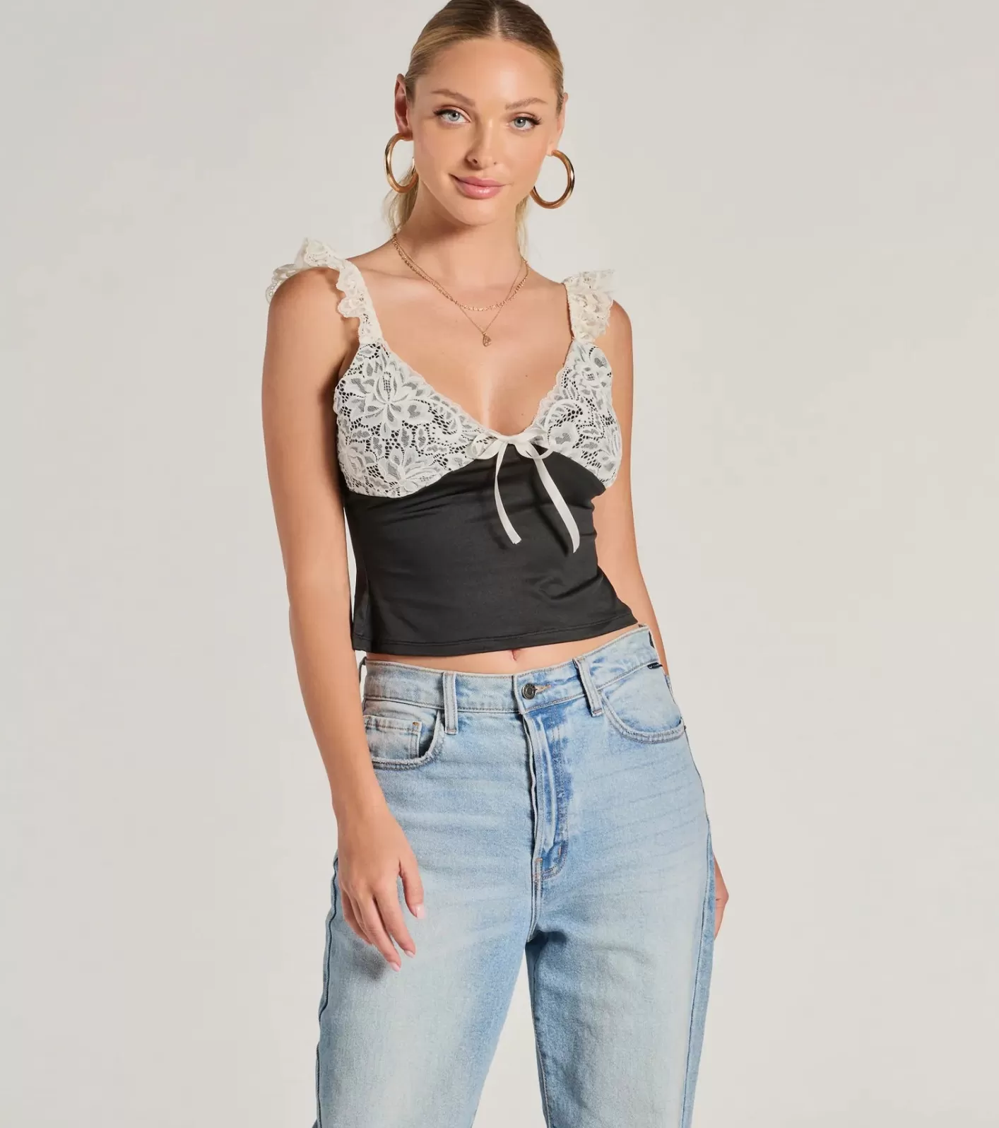 Windsor Effortlessly Pretty Lace And Knit Sleeveless Top BLACK Outlet
