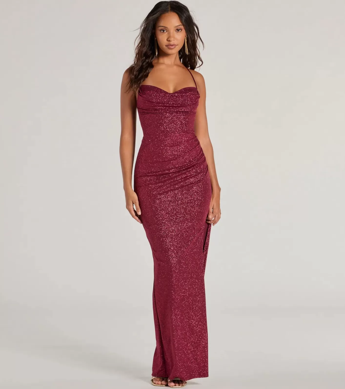 Windsor Eleanor Lace-Up Slit Slim Glitter Formal Dress BURGUNDY Outlet