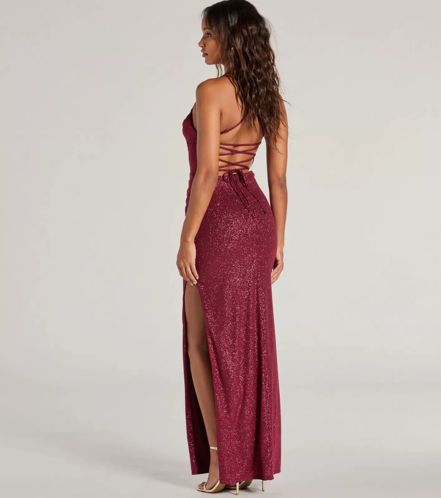 Windsor Eleanor Lace-Up Slit Slim Glitter Formal Dress BURGUNDY Outlet
