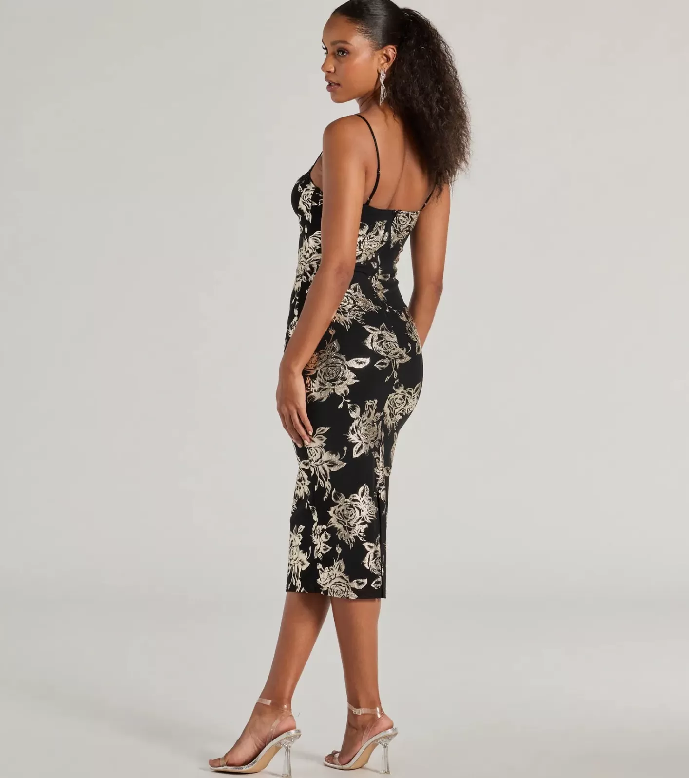 Windsor Elevated Vibe Foiled Floral Mesh Midi Dress BLACK Best