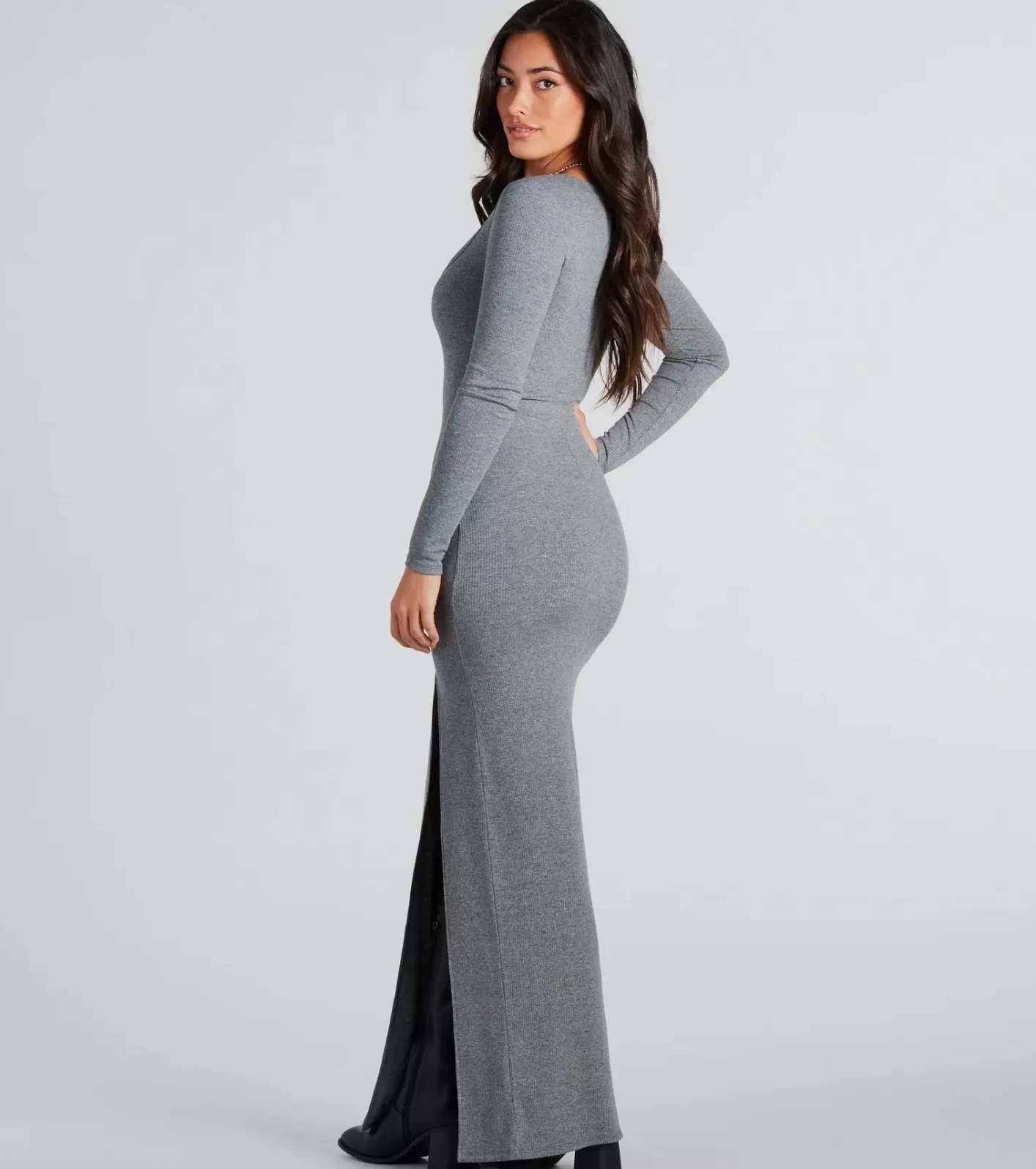 Windsor Elevated Vibes Ribbed Knit High Slit Maxi Dress CHARCOAL New