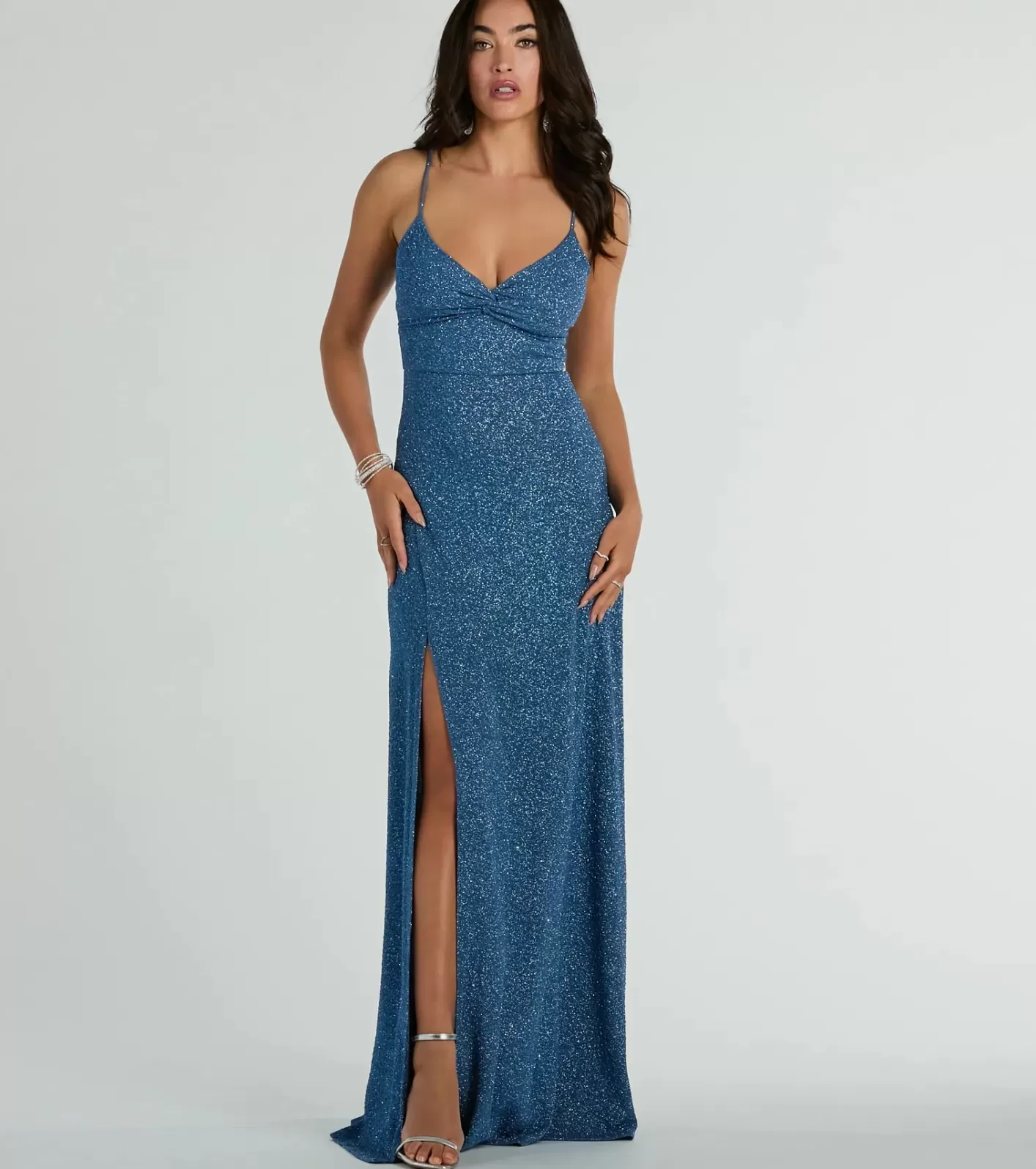 Windsor Elizabeth Cutout A-Line Slit Glitter Formal Dress DENIM Cheap