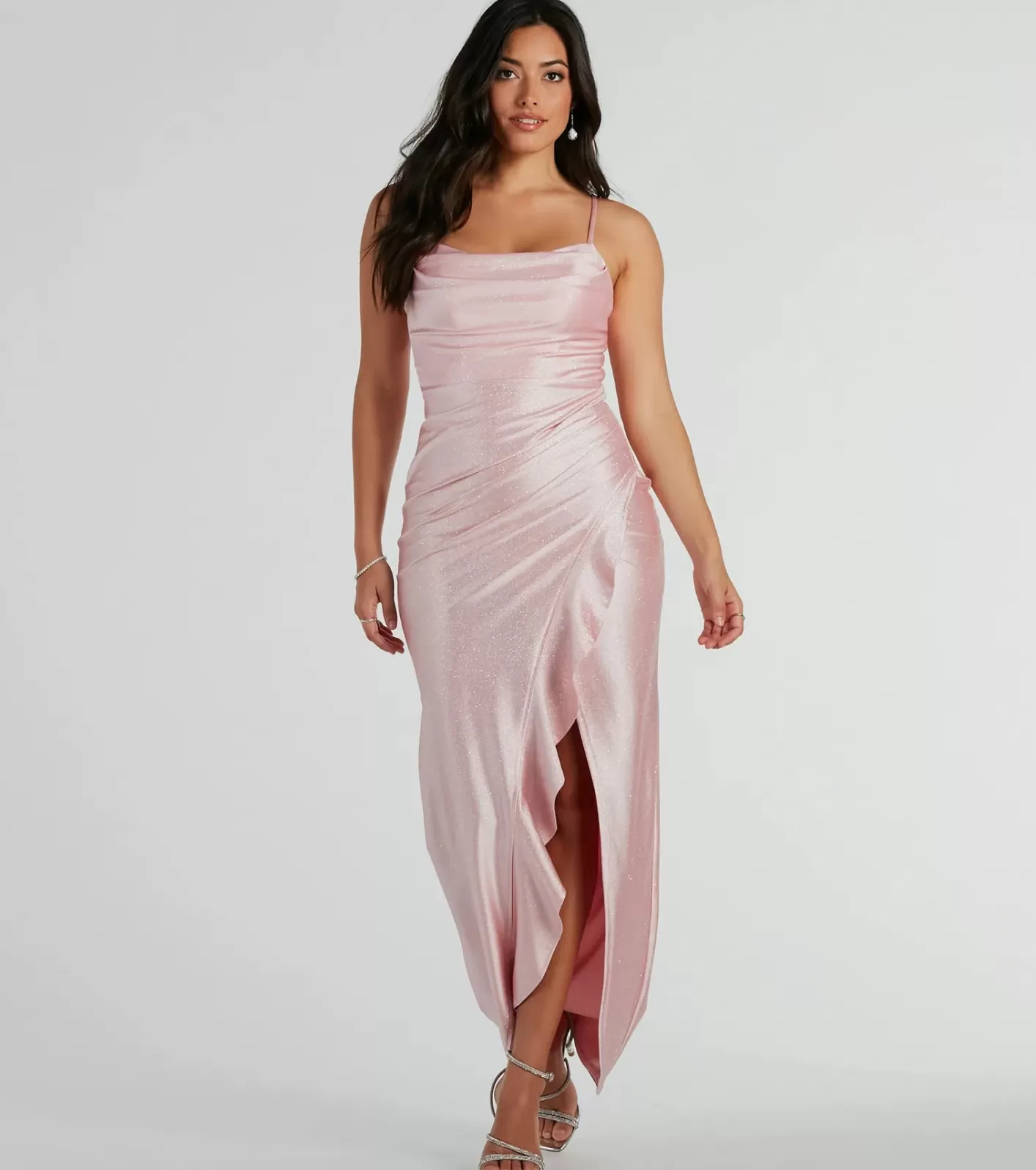 Windsor Ellen Ruffled Slit Long Glitter Formal Dress PINK Fashion