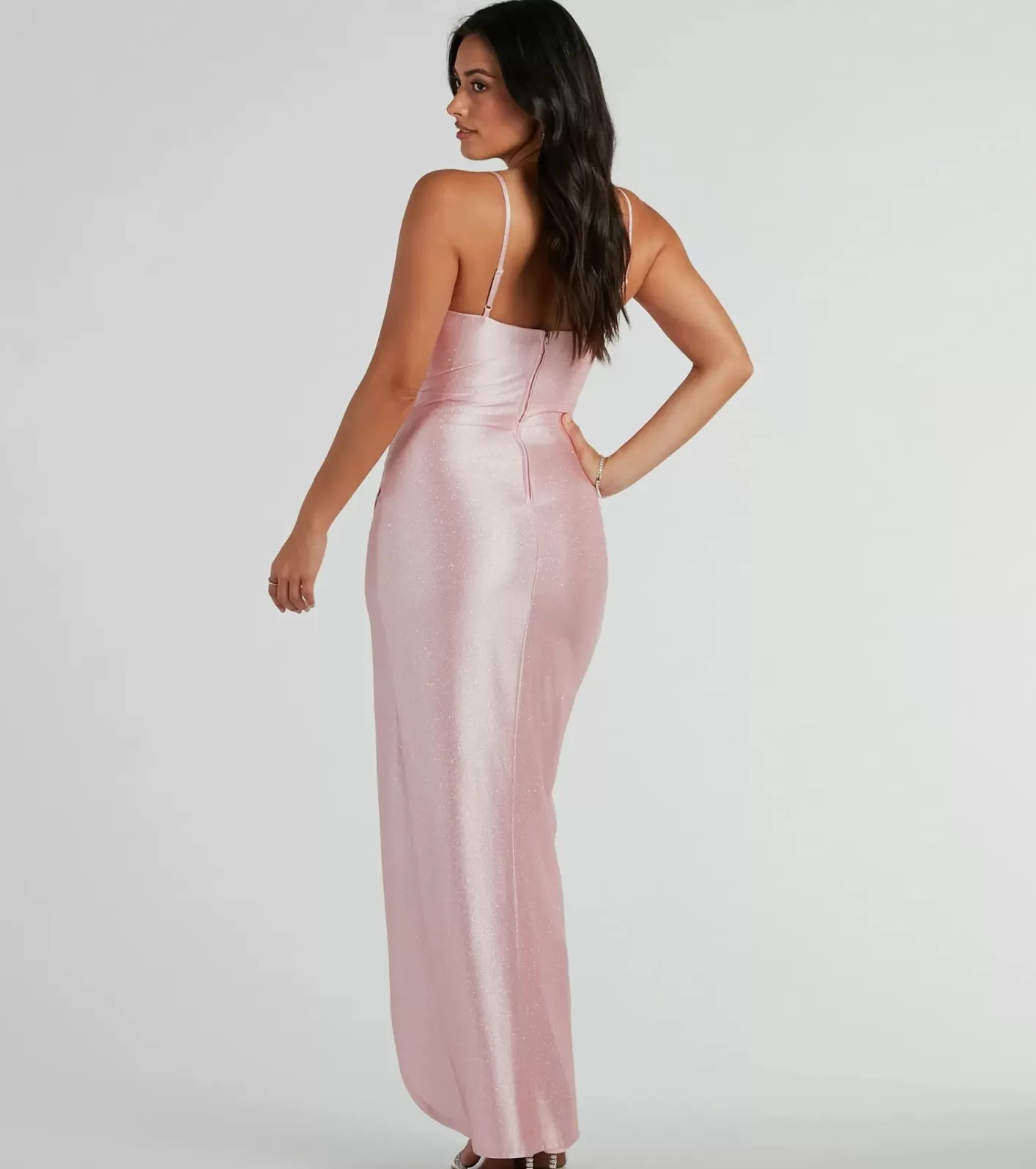 Windsor Ellen Ruffled Slit Long Glitter Formal Dress PINK Fashion