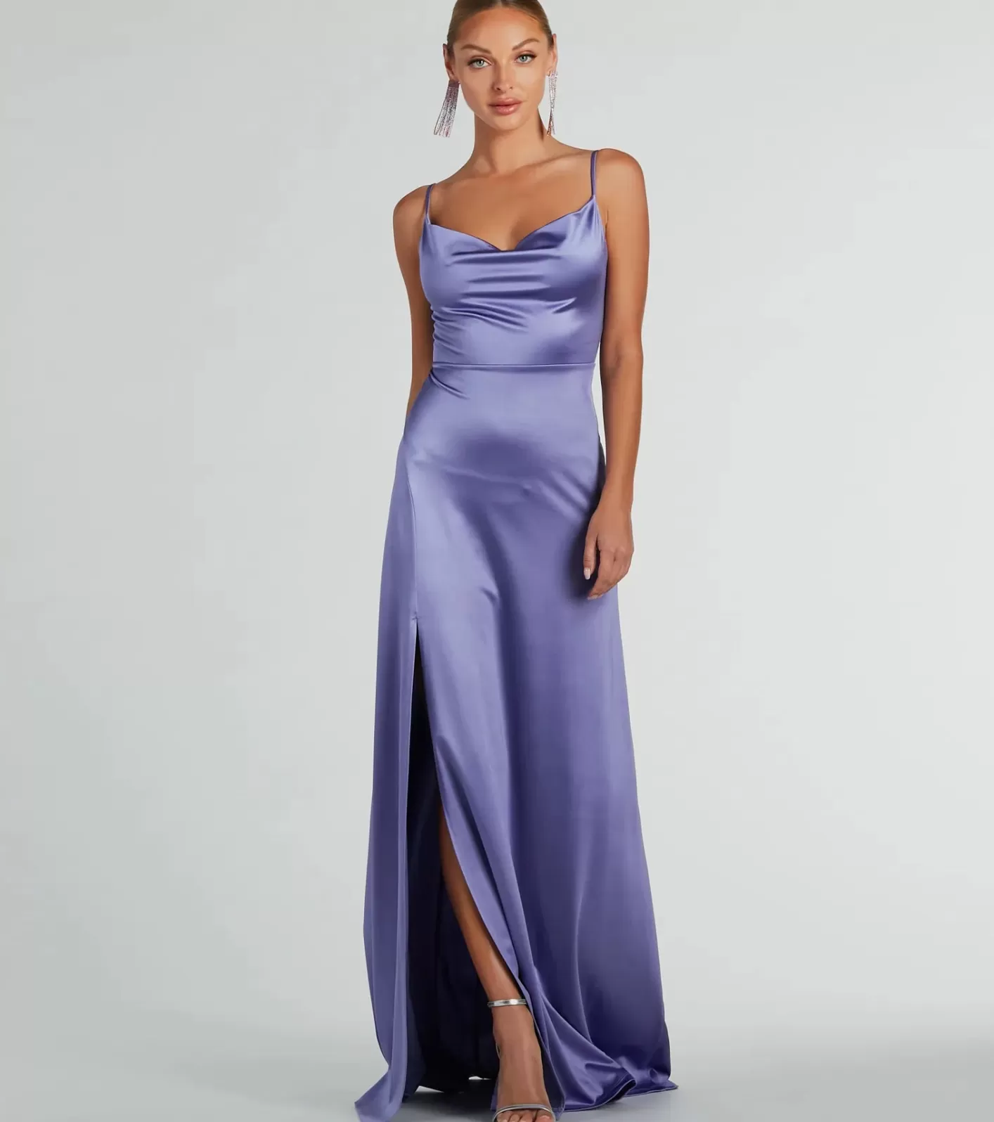 Windsor Ellie Cowl Neck A-Line Long Satin Formal Dress LAVENDER Cheap