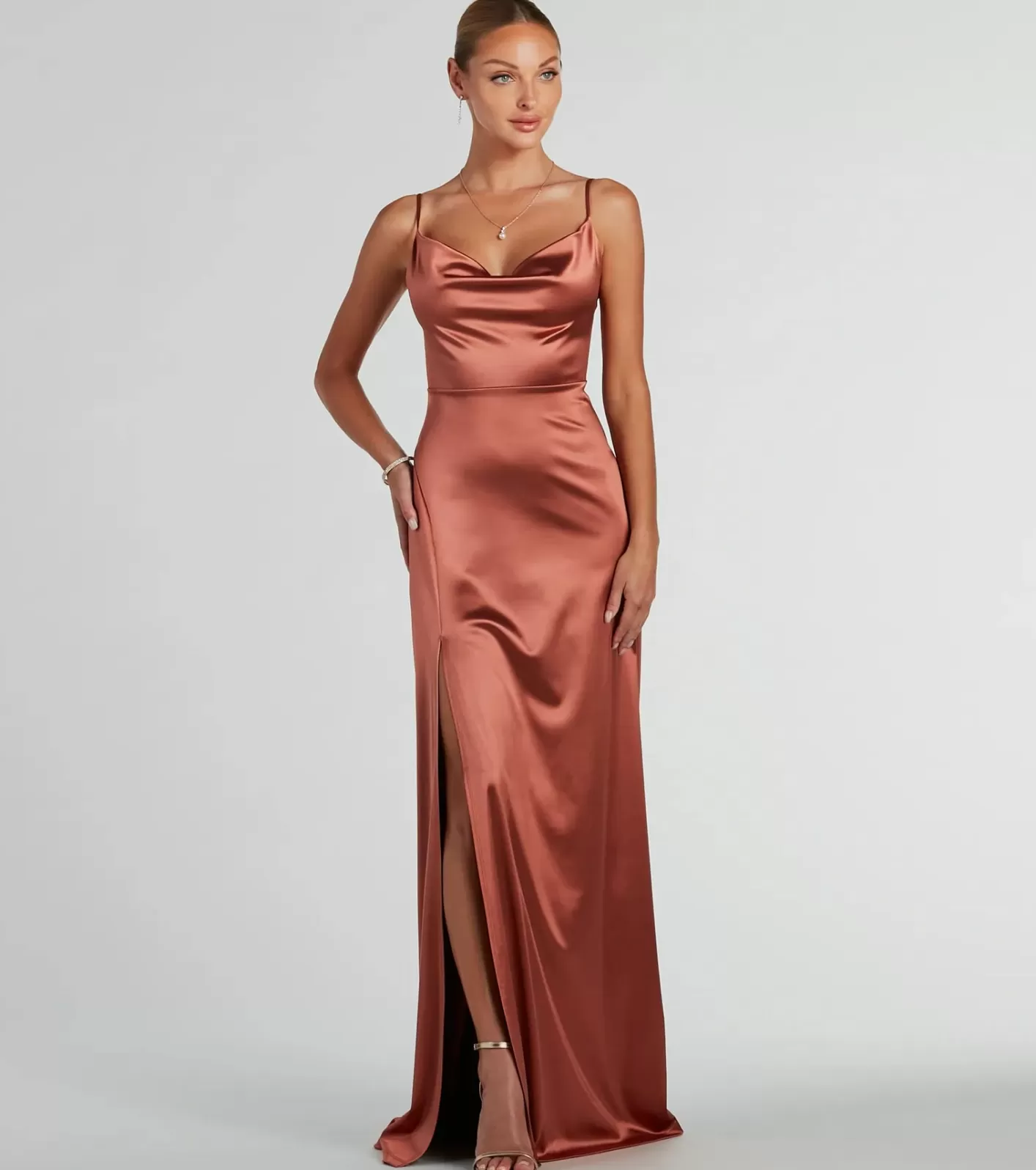 Windsor Ellie Cowl Neck A-Line Long Satin Formal Dress ROSEGOLD Best
