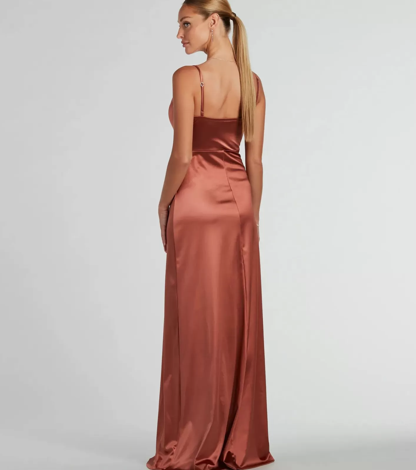 Windsor Ellie Cowl Neck A-Line Long Satin Formal Dress ROSEGOLD Best