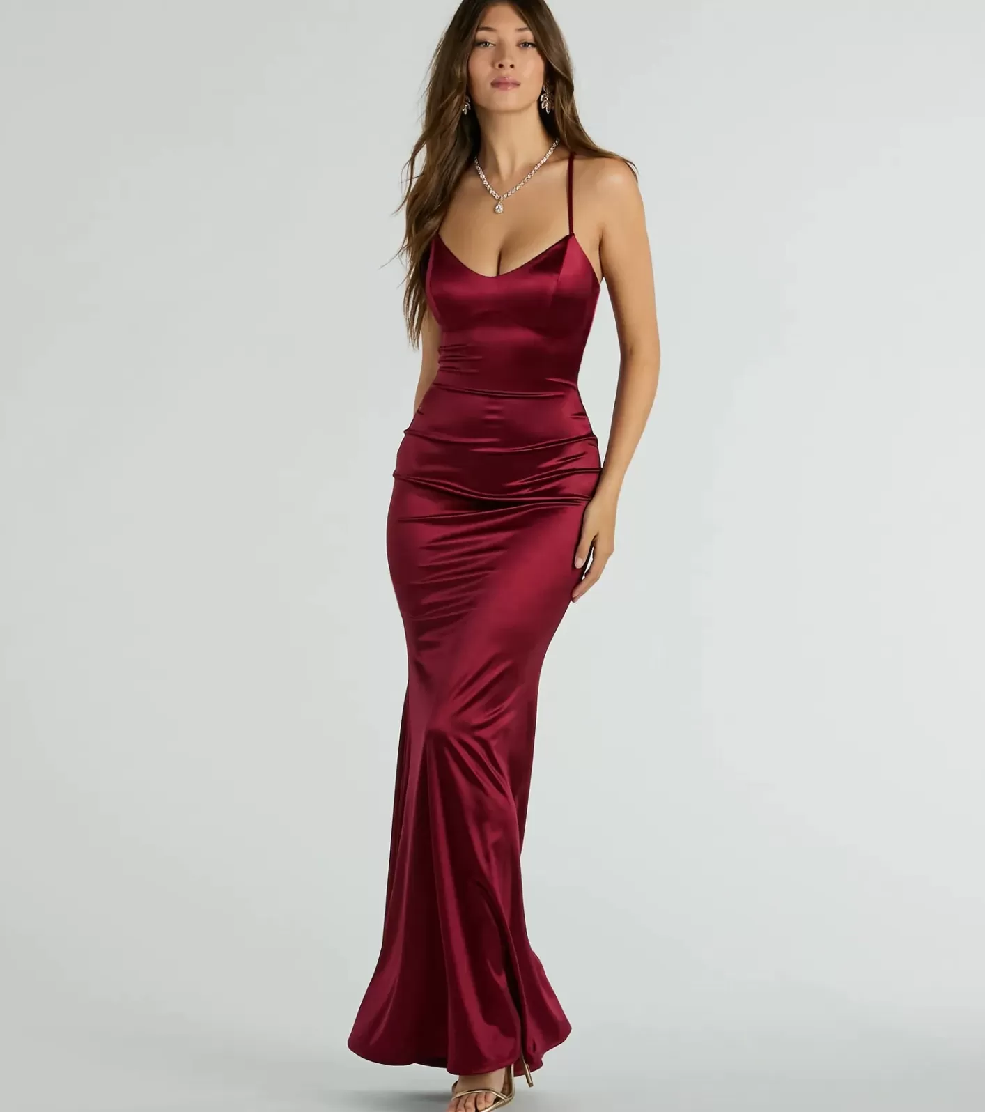 Windsor Emmie Lace-Up Mermaid Satin Formal Dress BURGUNDY Fashion