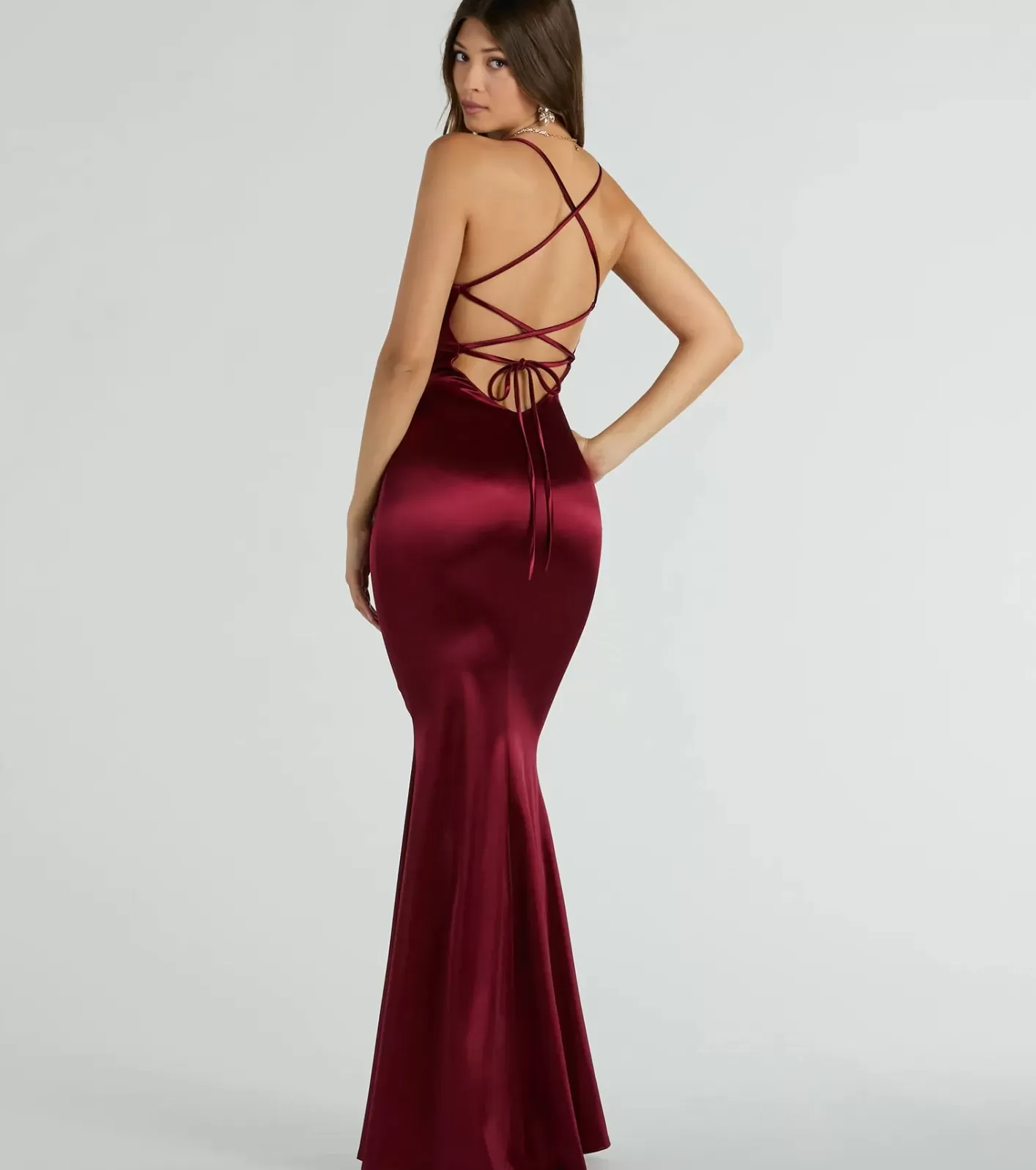 Windsor Emmie Lace-Up Mermaid Satin Formal Dress BURGUNDY Fashion