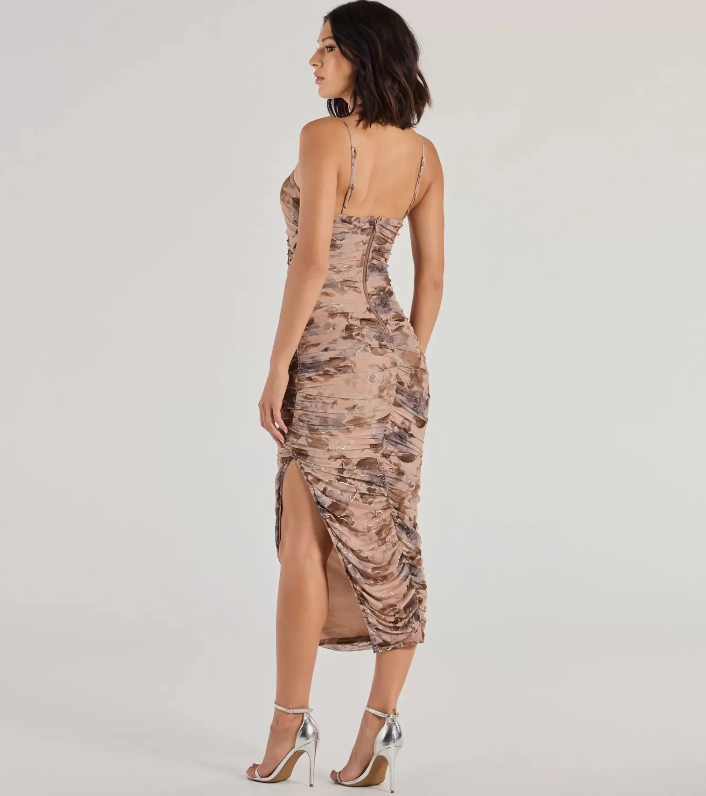 Windsor Enchantingly Chic Foiled Floral Mesh Midi Dress TAUPE New