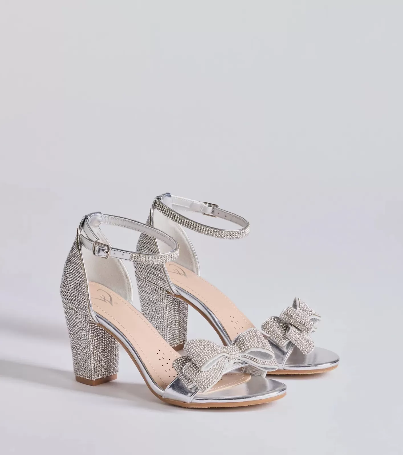 Windsor Endless Glam Rhinestone Bow Block Heels SILVER Discount