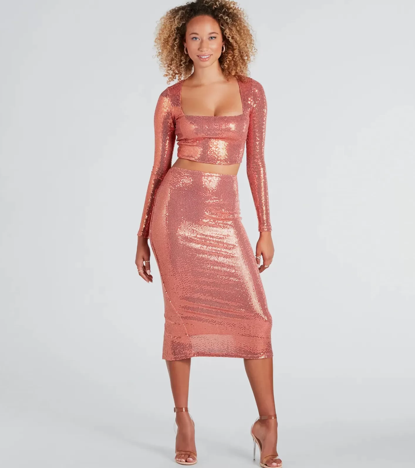 Windsor Enticing Sparkle Sequin Midi Skirt ROSEGOLD Flash Sale