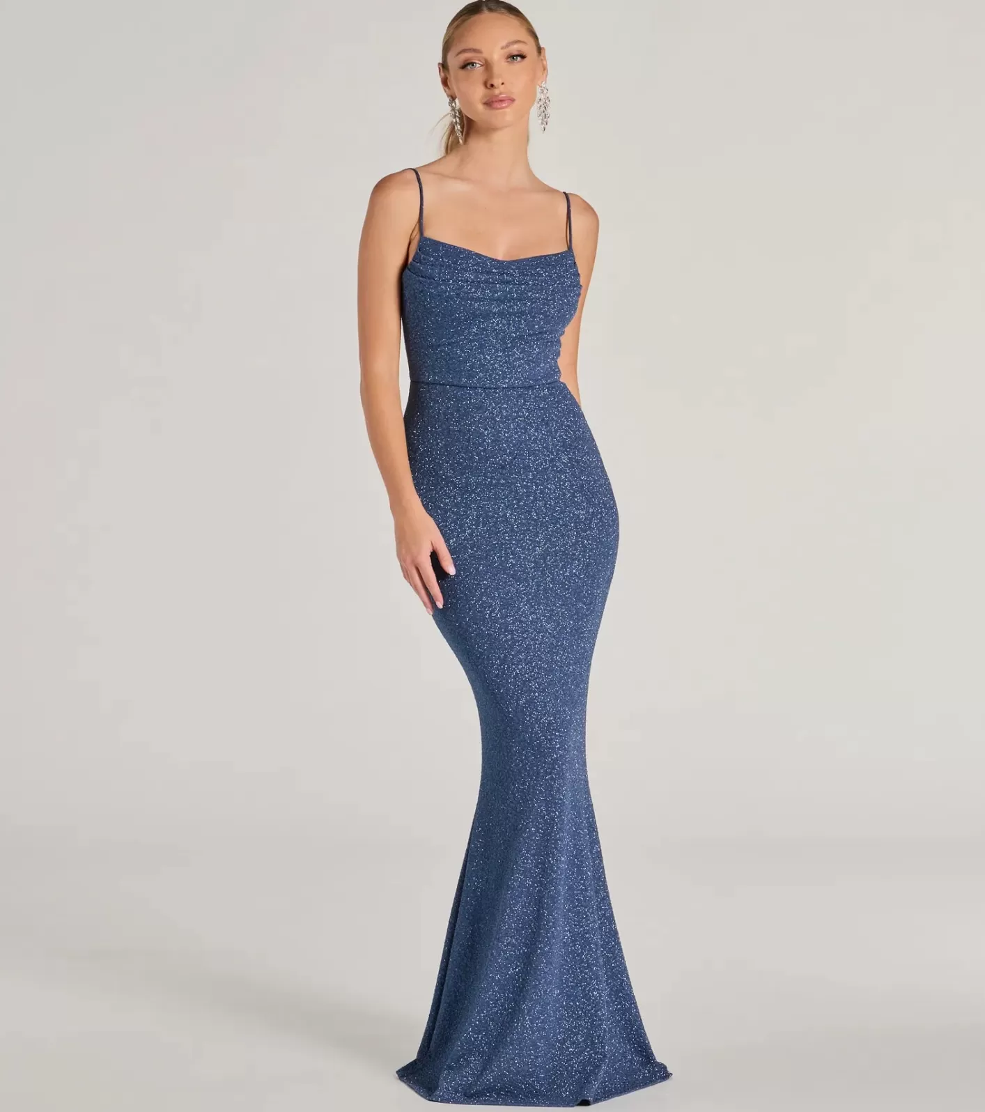 Windsor Erica Cowl Neck Mermaid Glitter Formal Dress DENIM Sale