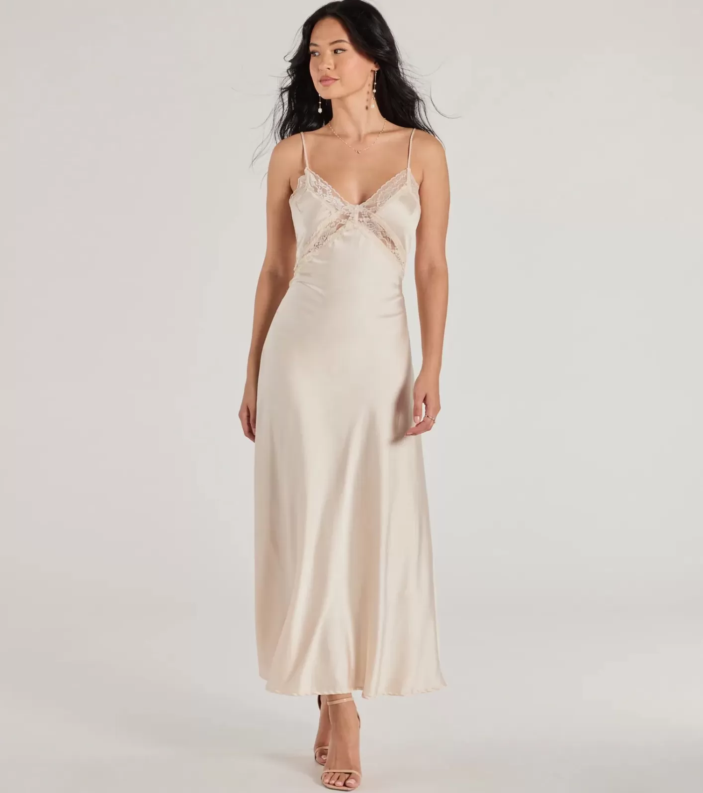 Windsor Ethereal Beauty Satin and Lace Long Slip Dress IVORY Discount