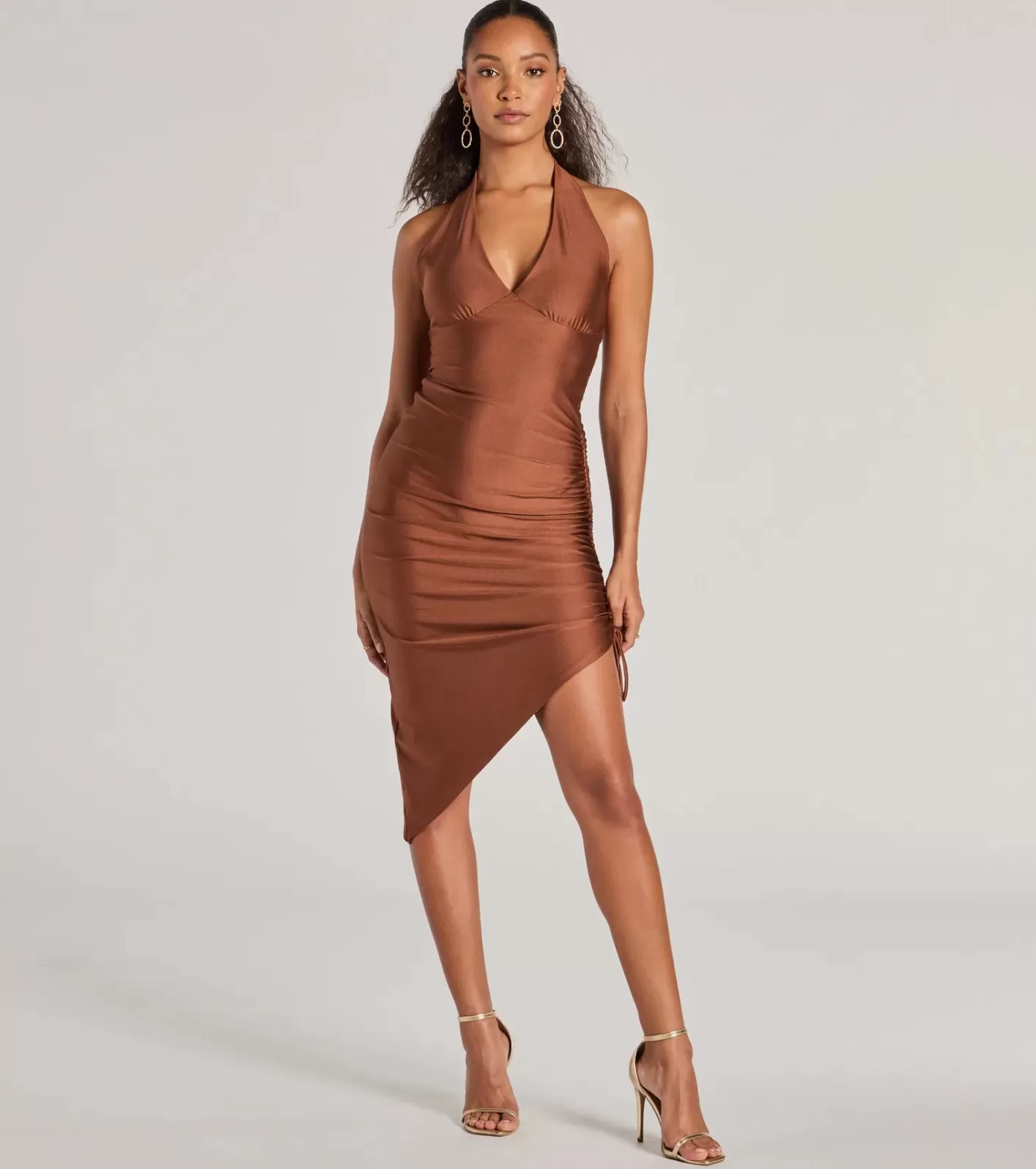 Windsor Exclusive Sultry V-Neck Halter Bodycon Midi Dress BROWN Clearance